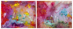 colorful contemporary abstract mixed media expressionist diptych busy signed