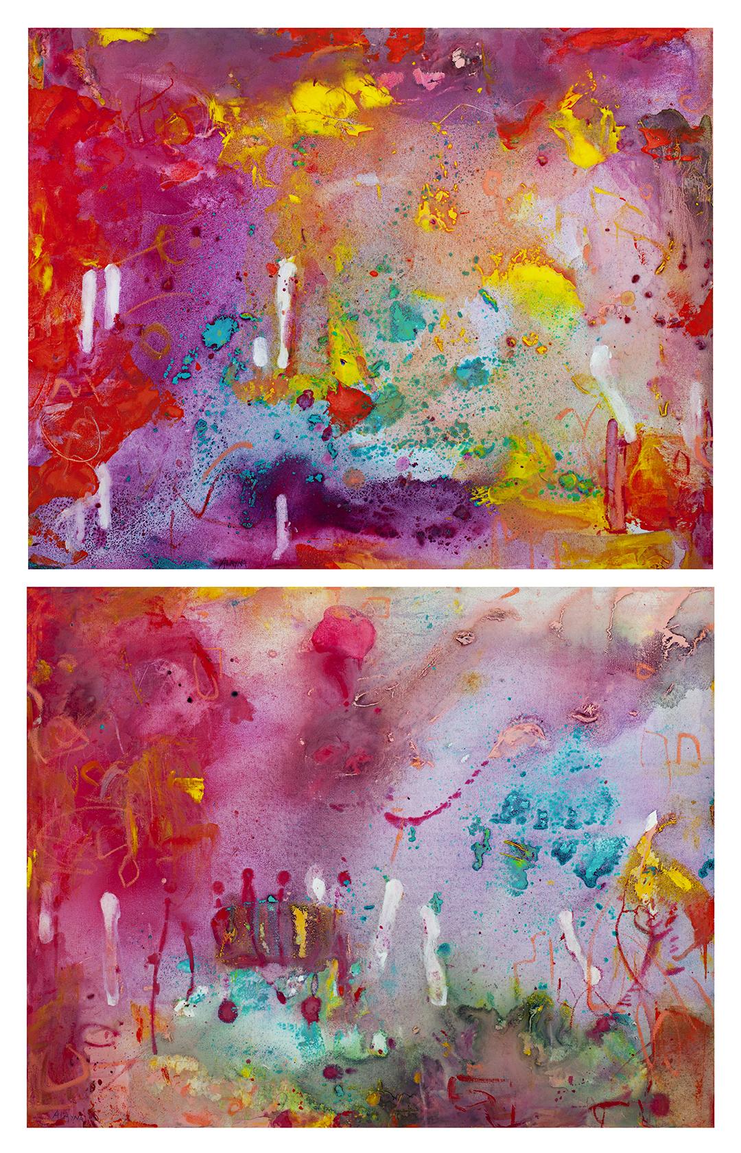 Alayna Rose Abstract Painting - 'Neon-A-Go-Go I and II' mixed media abstract expressionist bright diptych signed