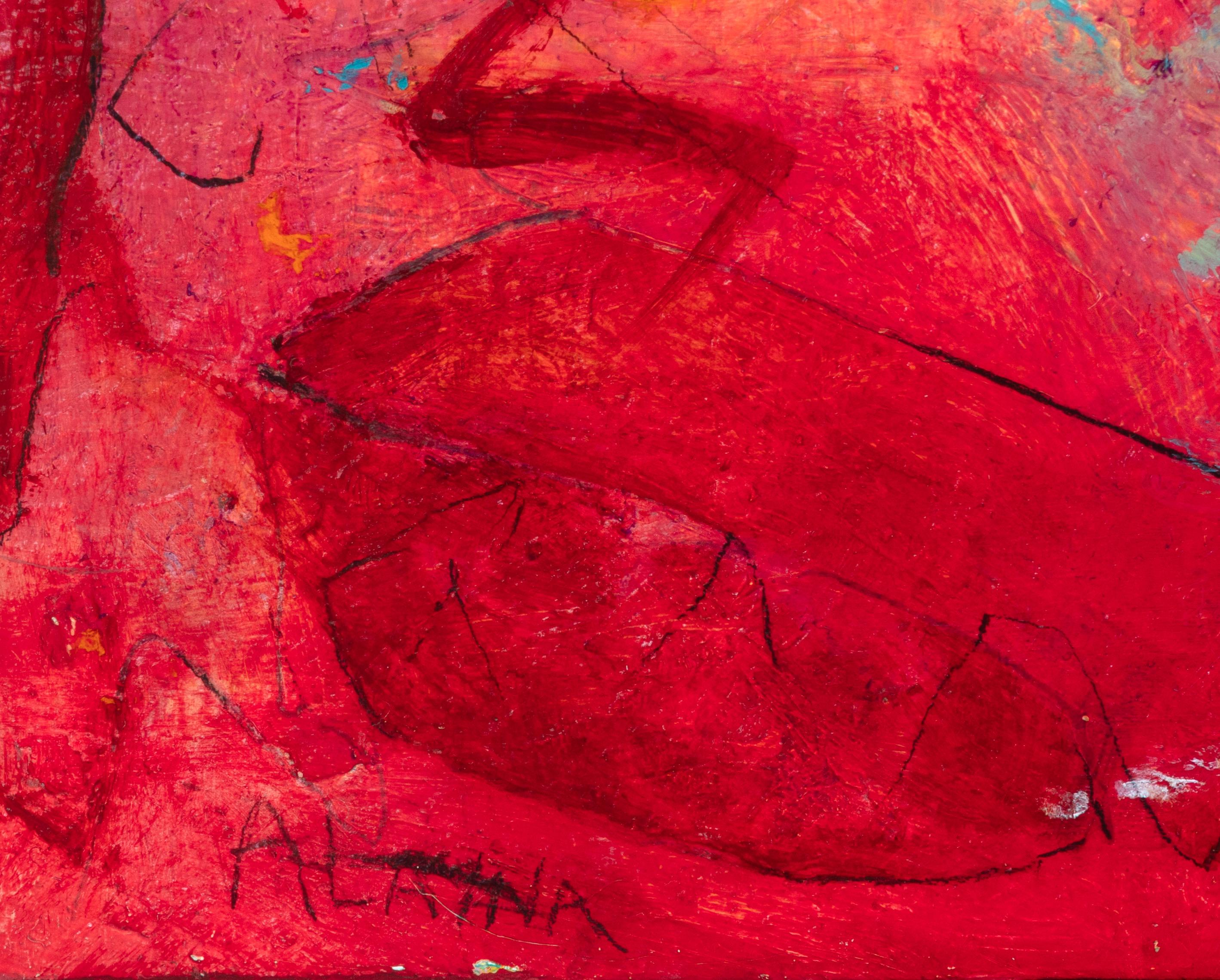 colorata pittura ad olio astratta contemporanea espressionista figura rossa firmata - Painting Astratto di Alayna Rose