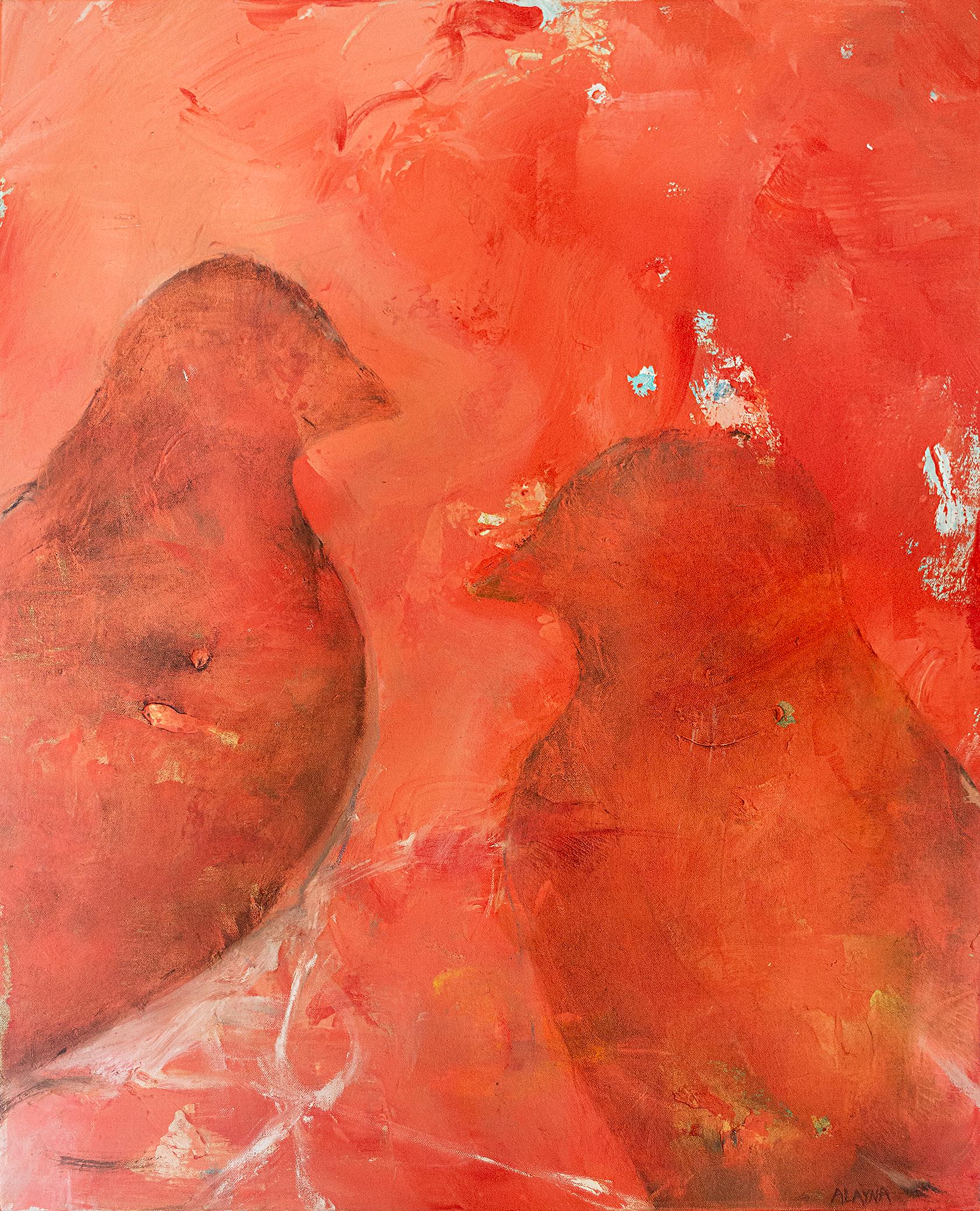 "In Stillness" est une peinture à l'huile originale signée par l'artiste américaine Alayna Rose. Alors que la plupart de ses œuvres sont purement abstraites, avec des couches accumulées de peinture aux couleurs vives, cette peinture est un rare