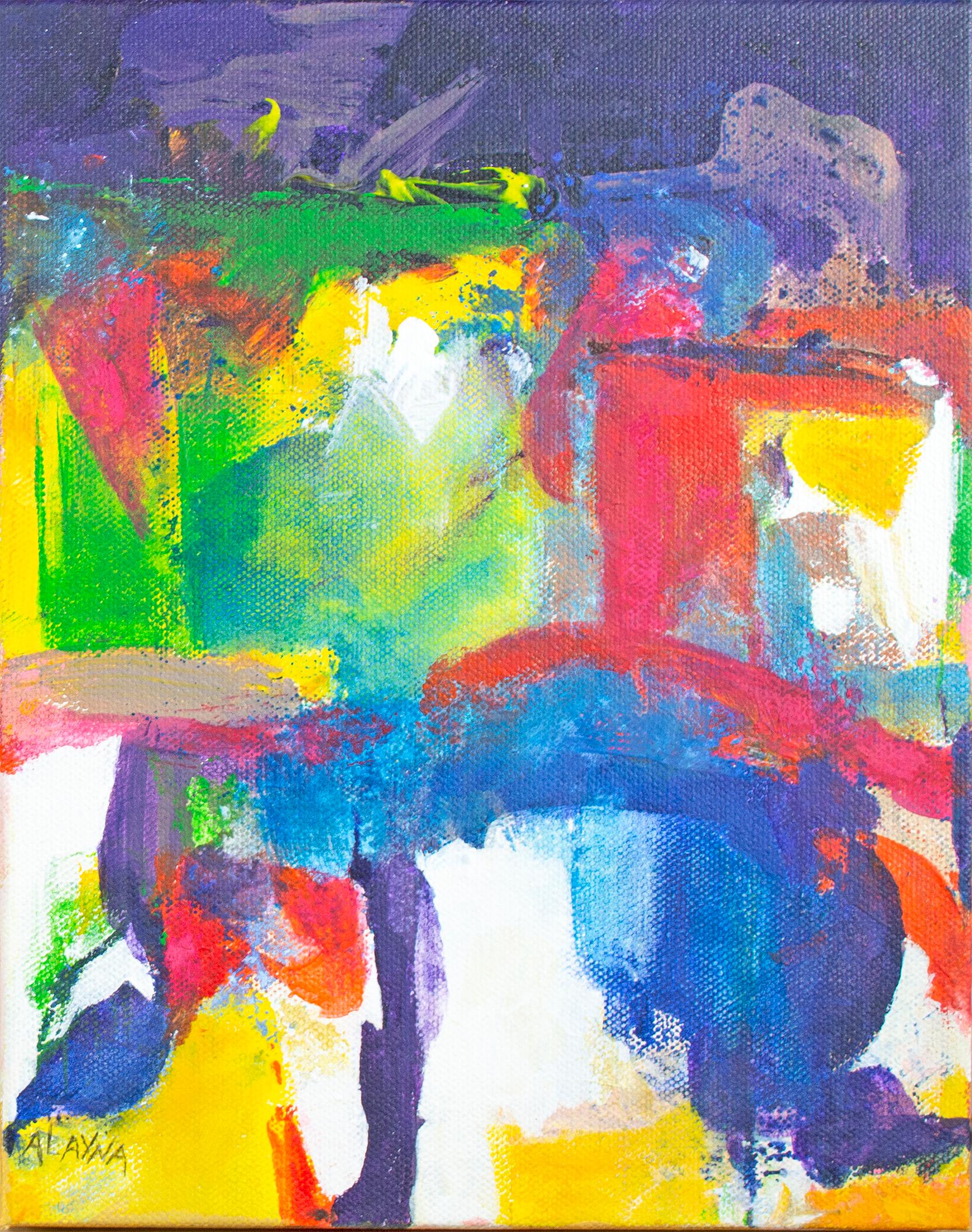 joy I" est une peinture acrylique originale de Alayna Rose, signée par l'artiste en bas à gauche. Dans cette composition, un fond violet foncé est juxtaposé aux rouges, bleus et verts éclatants du premier plan. Par intermittence, la composition est