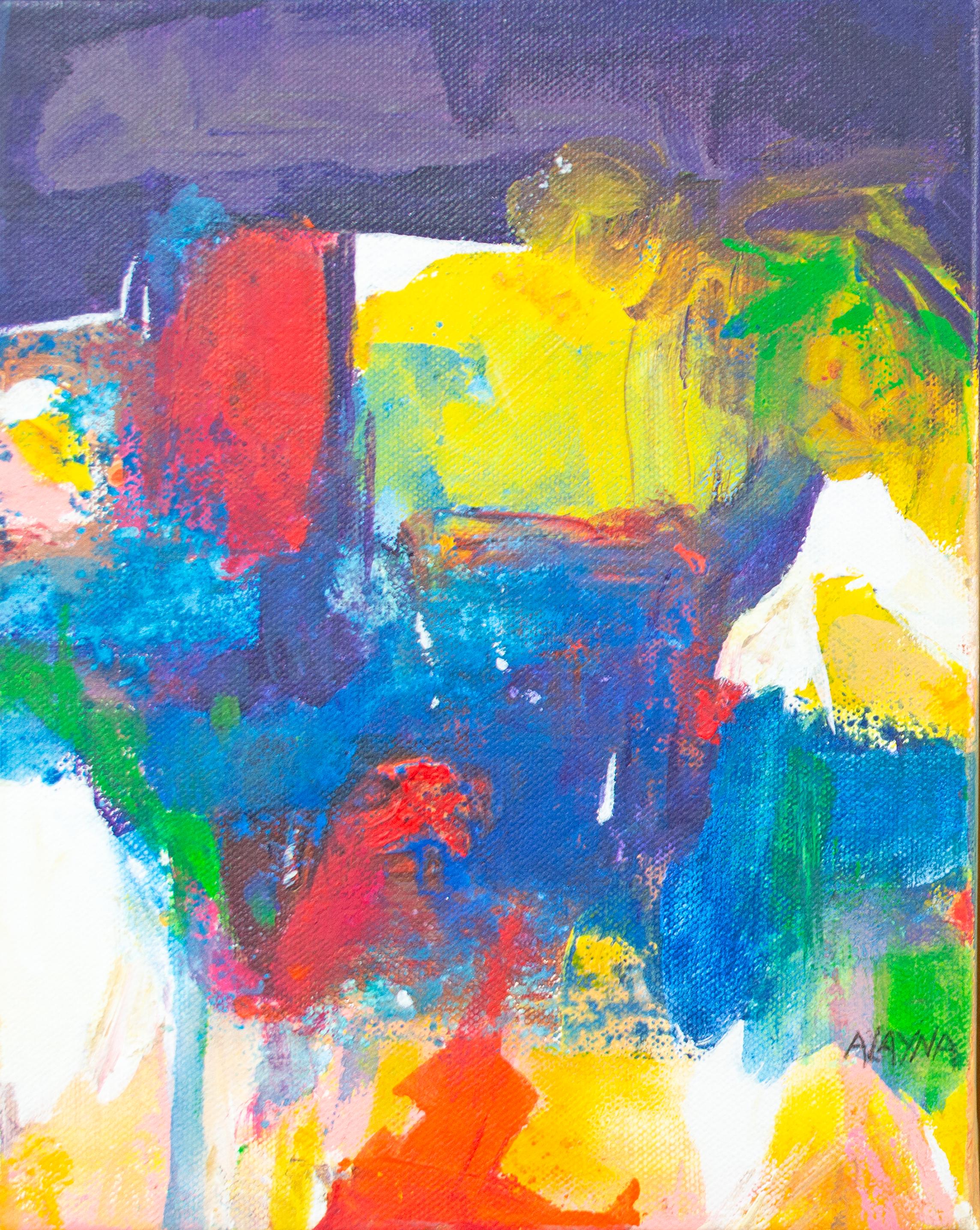 joy II" est une peinture acrylique originale d'Alayna Rose, signée par l'artiste en bas à gauche. Dans cette composition, un fond violet foncé est juxtaposé aux rouges, bleus et verts éclatants du premier plan. Par intermittence, la composition est
