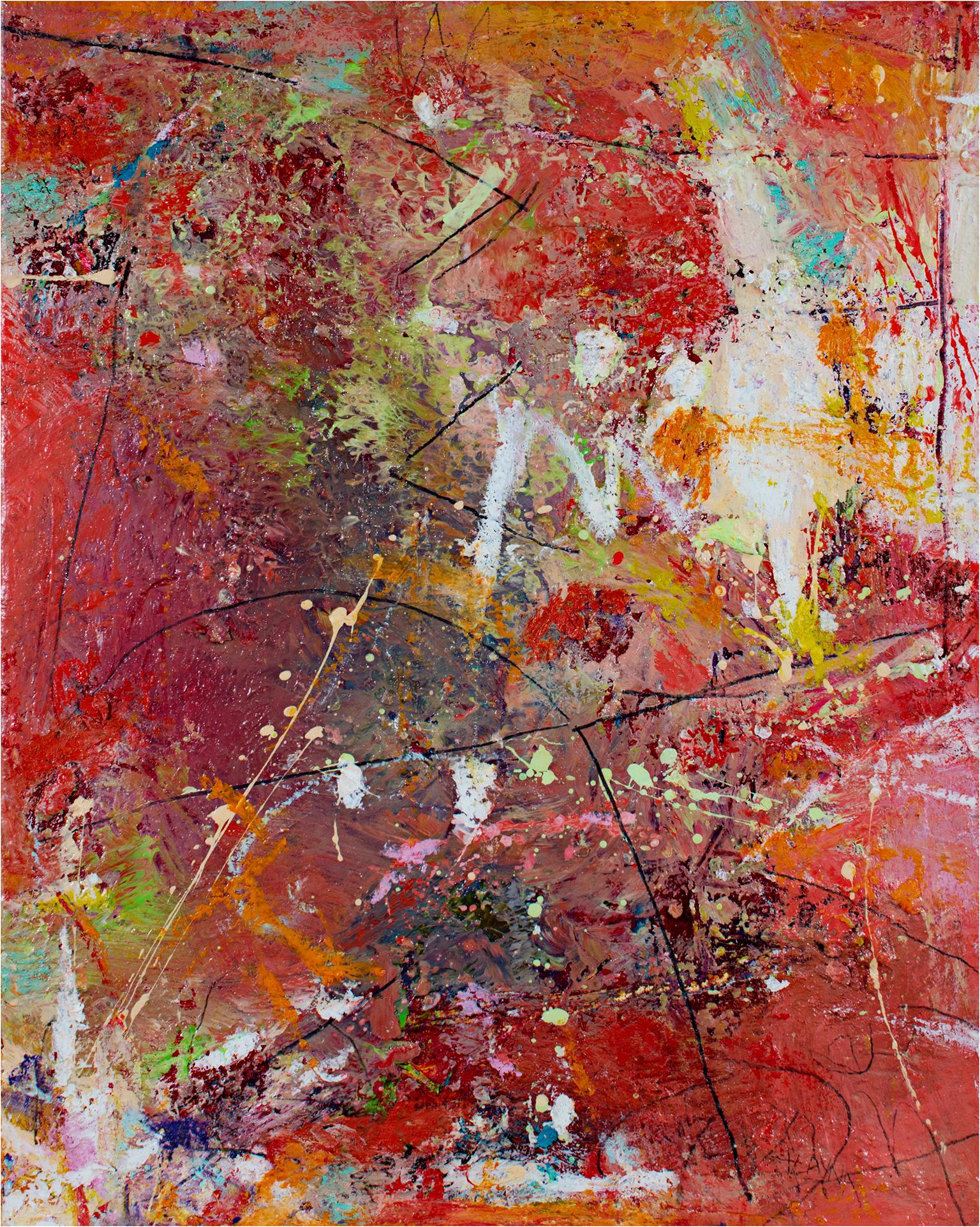 "Let It Happen" est une peinture à l'huile sur toile d'Alayna Rose. L'artiste a signé l'œuvre en bas à droite. Cette peinture abstraite présente une variété de marques gestuelles et expressionnistes de différentes couleurs - vert, bleu, orange,