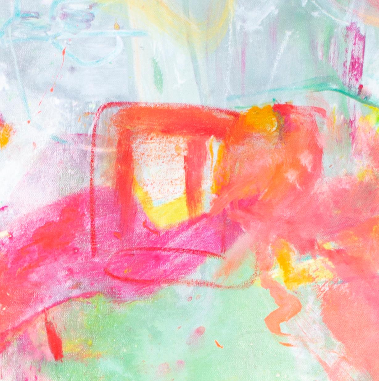 'Per l'avventura I' is an exquisite and colorful abstract painting signed by the American artist Alayna Rose. The painting is a quintessential example of her work, borrowing the language of the Abstract Expressionists imbued with the bright color