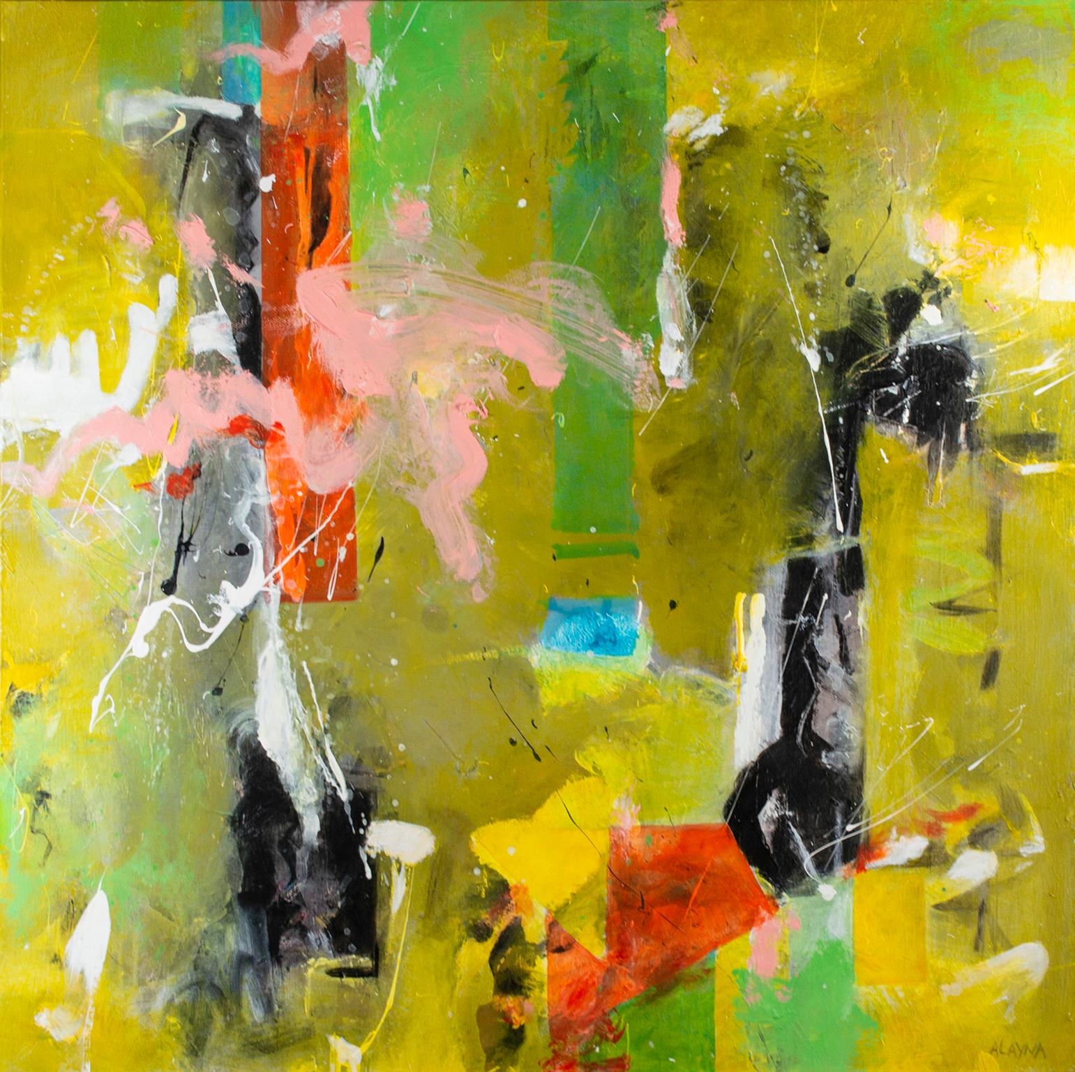 "TimerSign" est une peinture acrylique originale sur toile de Alayna Rose, signée dans le coin inférieur droit. Les multiples nuances de vert constituent une base pour que des couleurs encore plus vives puissent jouer sur sa surface. 

24" x