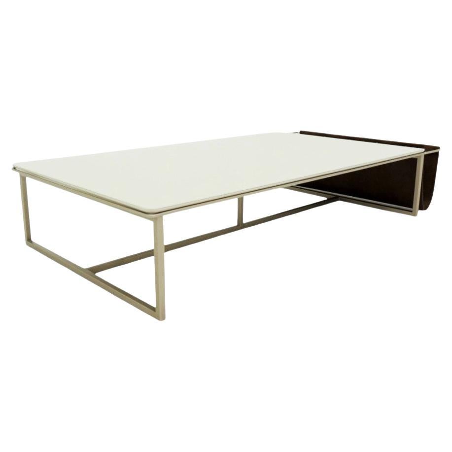 "Alba" Coffee Table in Golden Carbon Steel and Leather Pocket For Sale