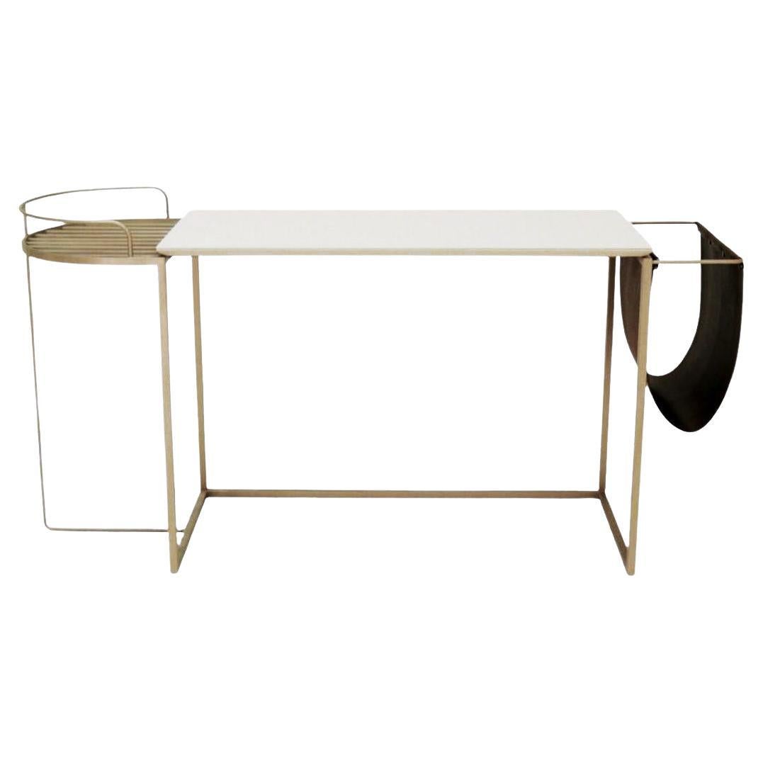 "Alba" Console Table in Golden Carbon Steel and Leather Pocket For Sale
