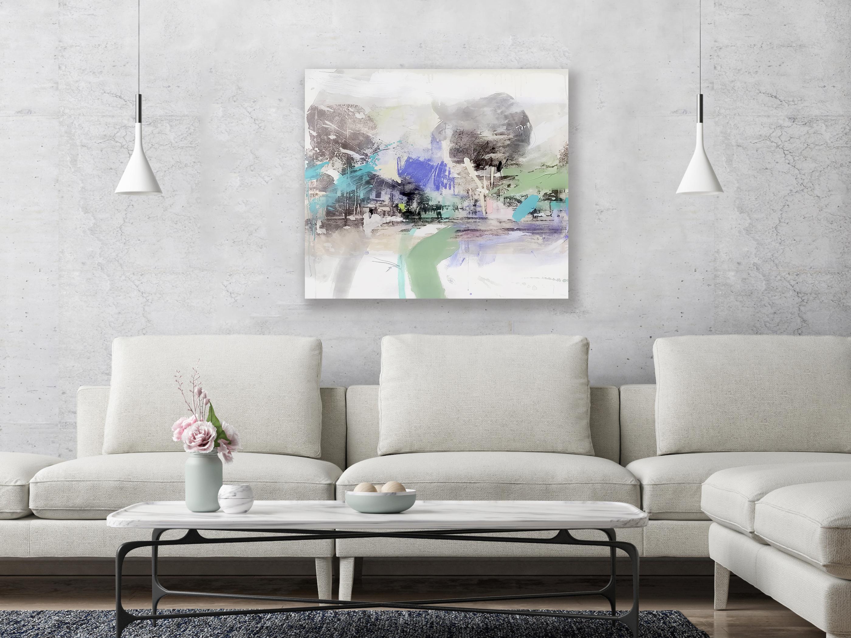 Blue Morning - Gray Abstract Painting by Alba Escayo