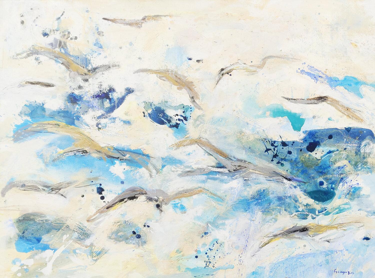 Alba Escayo Abstract Painting – Seagulls: Wind, Sea, Sea