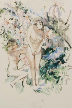 Contemporary Figurative Painting, Two Female Nudes Floral Garden by Alba Fabre