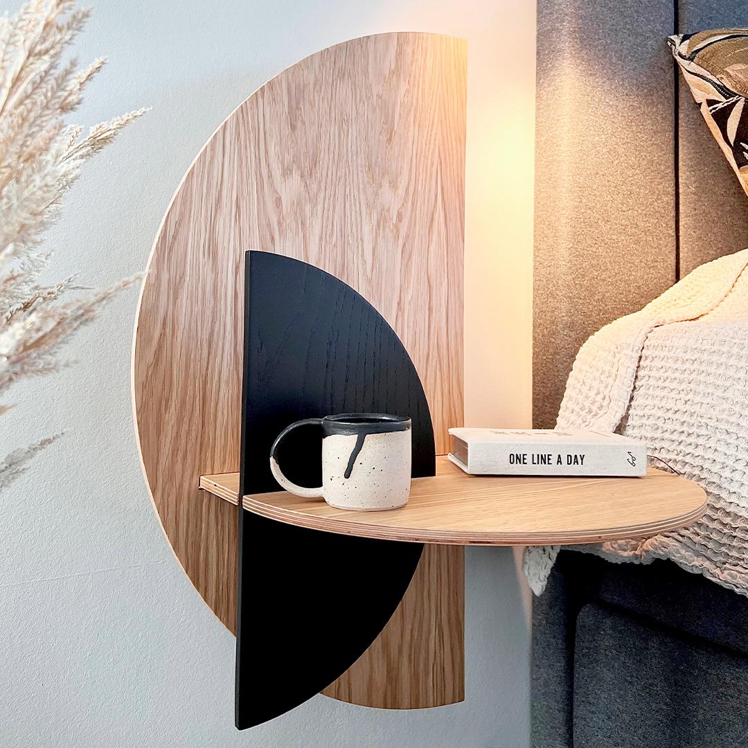 Alba is a versatile product that can be used as a wall shelf with hidden storage and as a bedside table with concealed storage. Alba means “sunrise” in Spanish, hence its name, since the two front pieces of the product simulate the sun and the moon