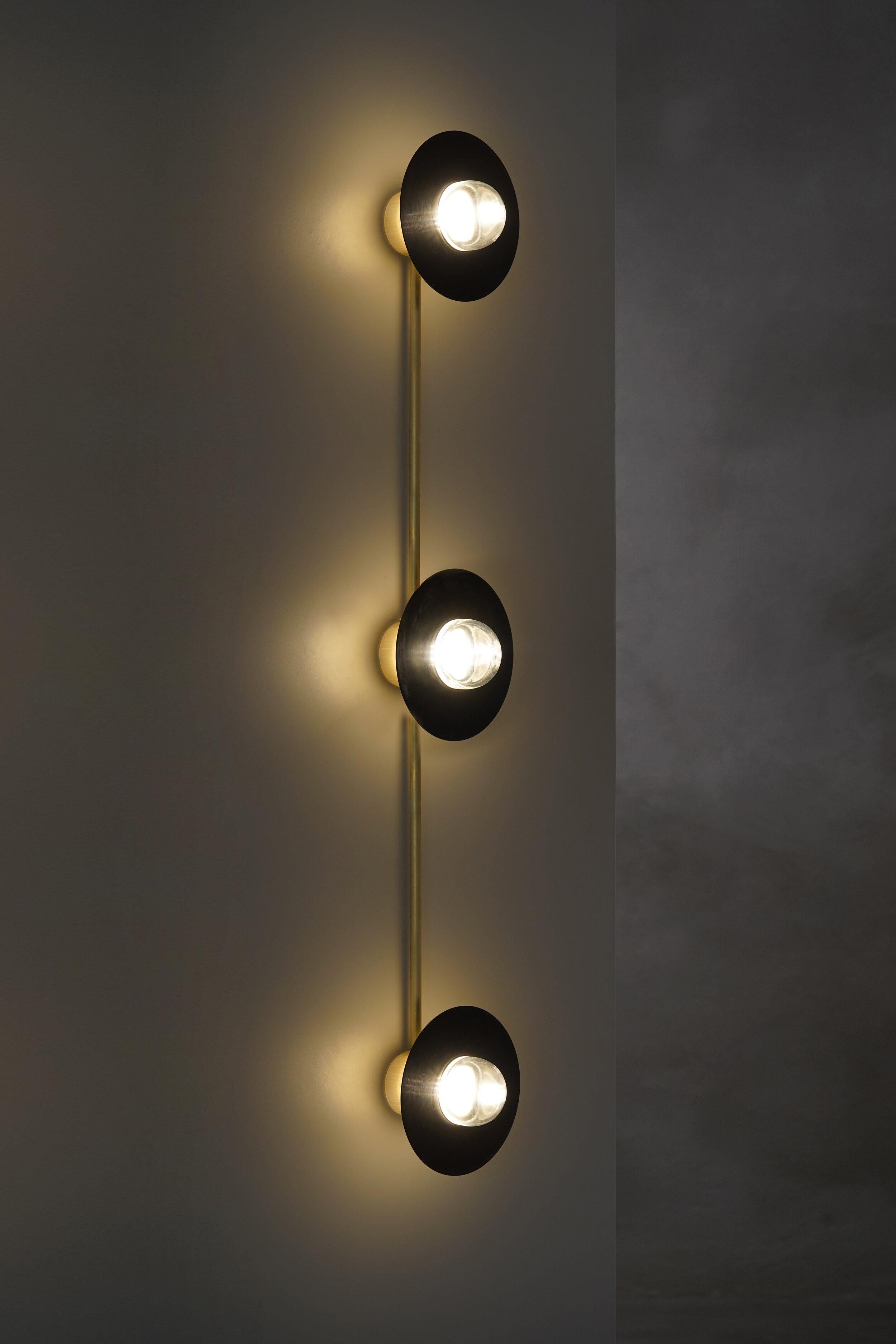 Alba triple wall light by Contain
Dimensions: D15 x W100 x H11.5 cm 
Materials: Brass, 3D printed PLA structure and optical lens
Also available in different finishes and dimensions (15 cm Ø x 100 cm x 11,5 cm also available in 22 cm Ø x 100 cm x