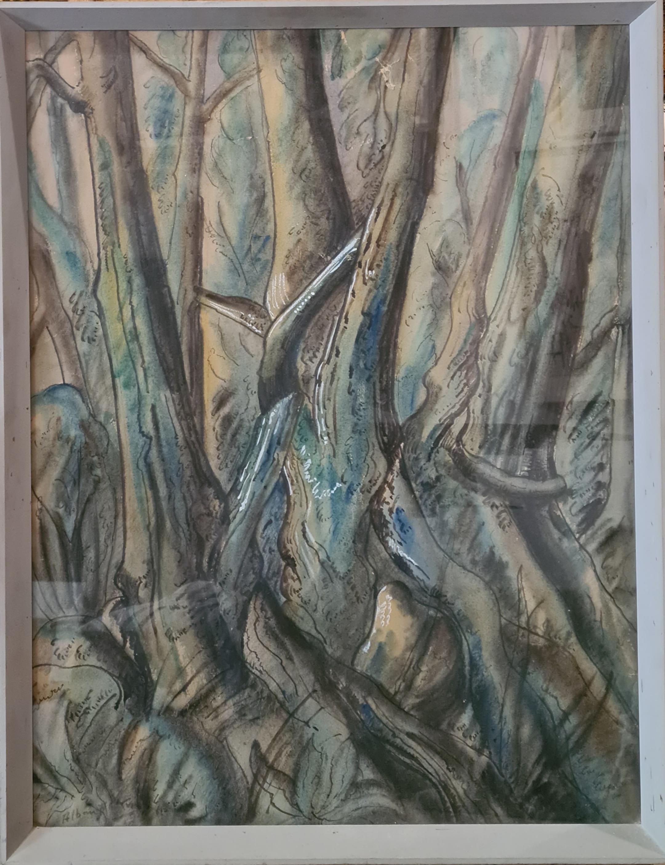 Aquarelle moderniste sur papier, arbres de l'abbaye de Buckfast - Painting de Alban F Atkins RA