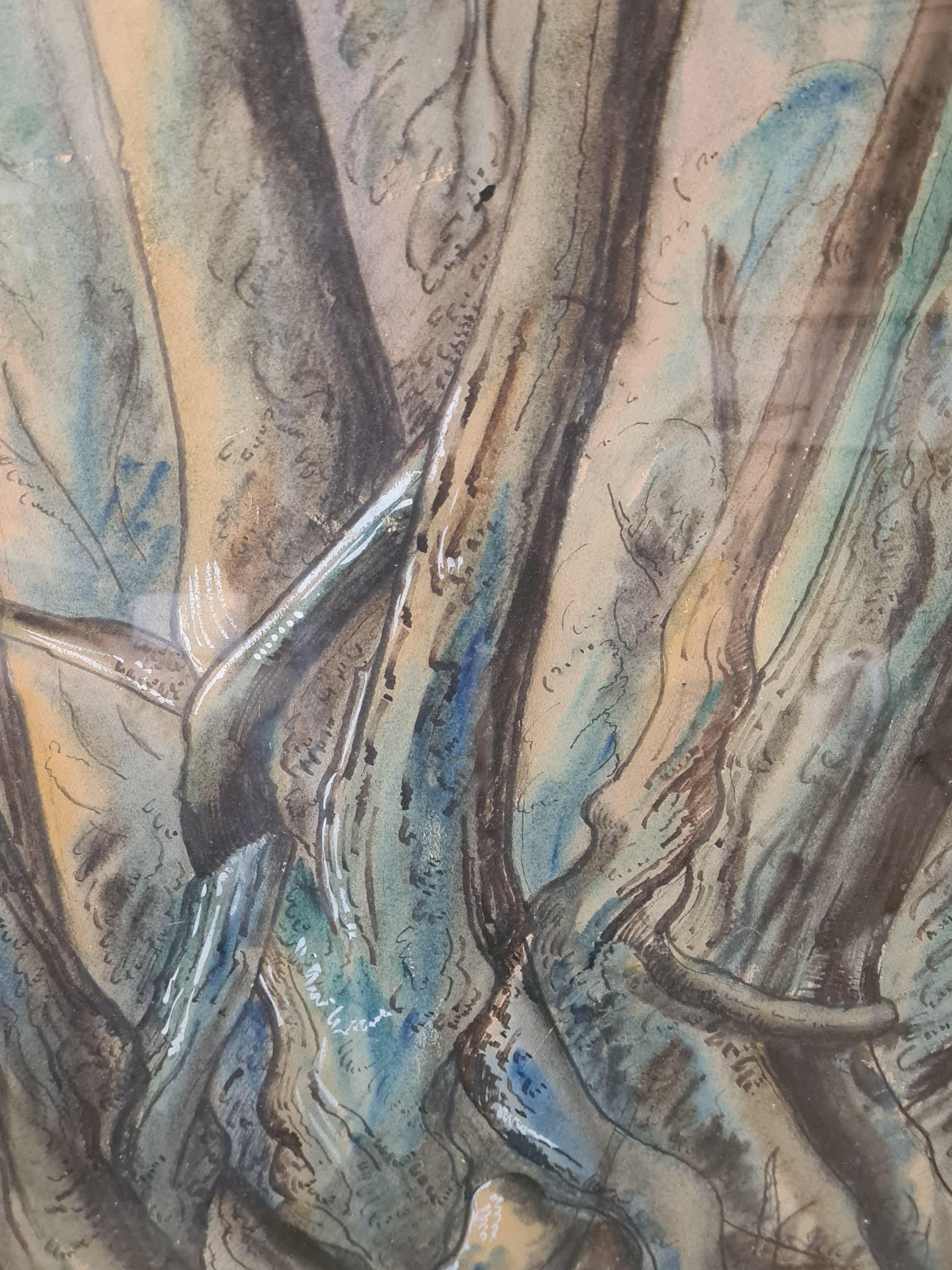 Œuvre sur papier du début des années 1960 représentant un groupe d'arbres à l'abbaye de Buckfast dans le Devon, en Angleterre, par Alban Atkins. Signé en bas à gauche, titré et daté au revers. Il y a également un numéro de collection ou d'accession