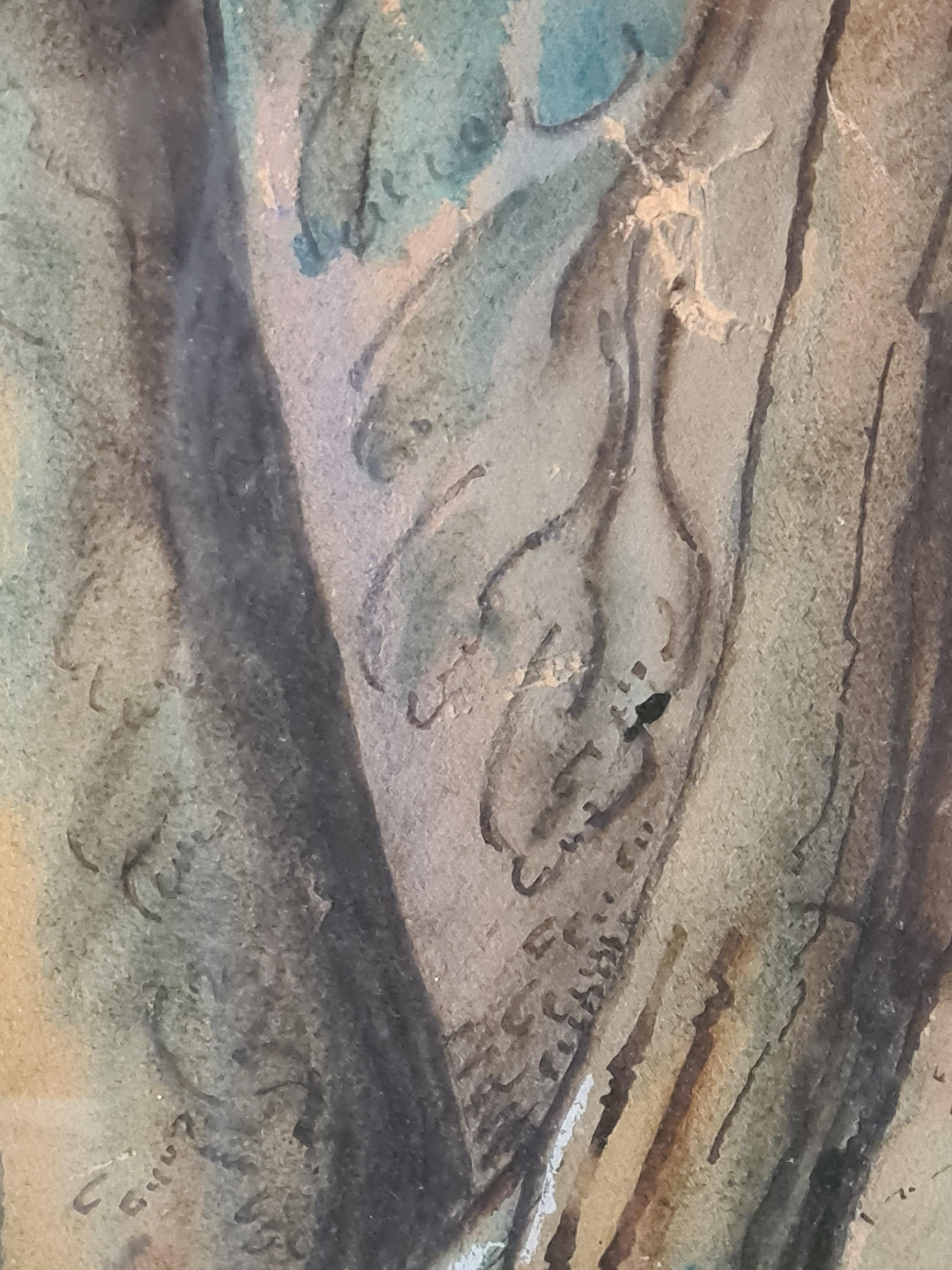 Aquarell auf Papier, Bäume in der Buckfast Abbey, Moderne der Malerei im Angebot 2