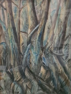 Aquarelle moderniste sur papier, arbres de l'abbaye de Buckfast