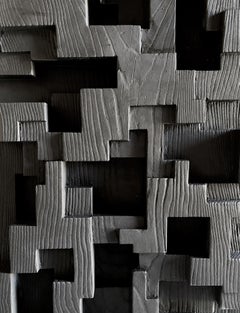 Bas-relief Construction - Geometric Abstract Wall Sculpture, Charred Ash Wood