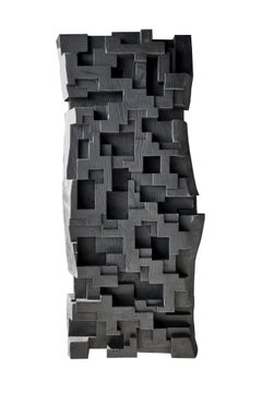 Bas-relief Construction - Geometric Abstract Wall Sculpture, Charred Ash Wood