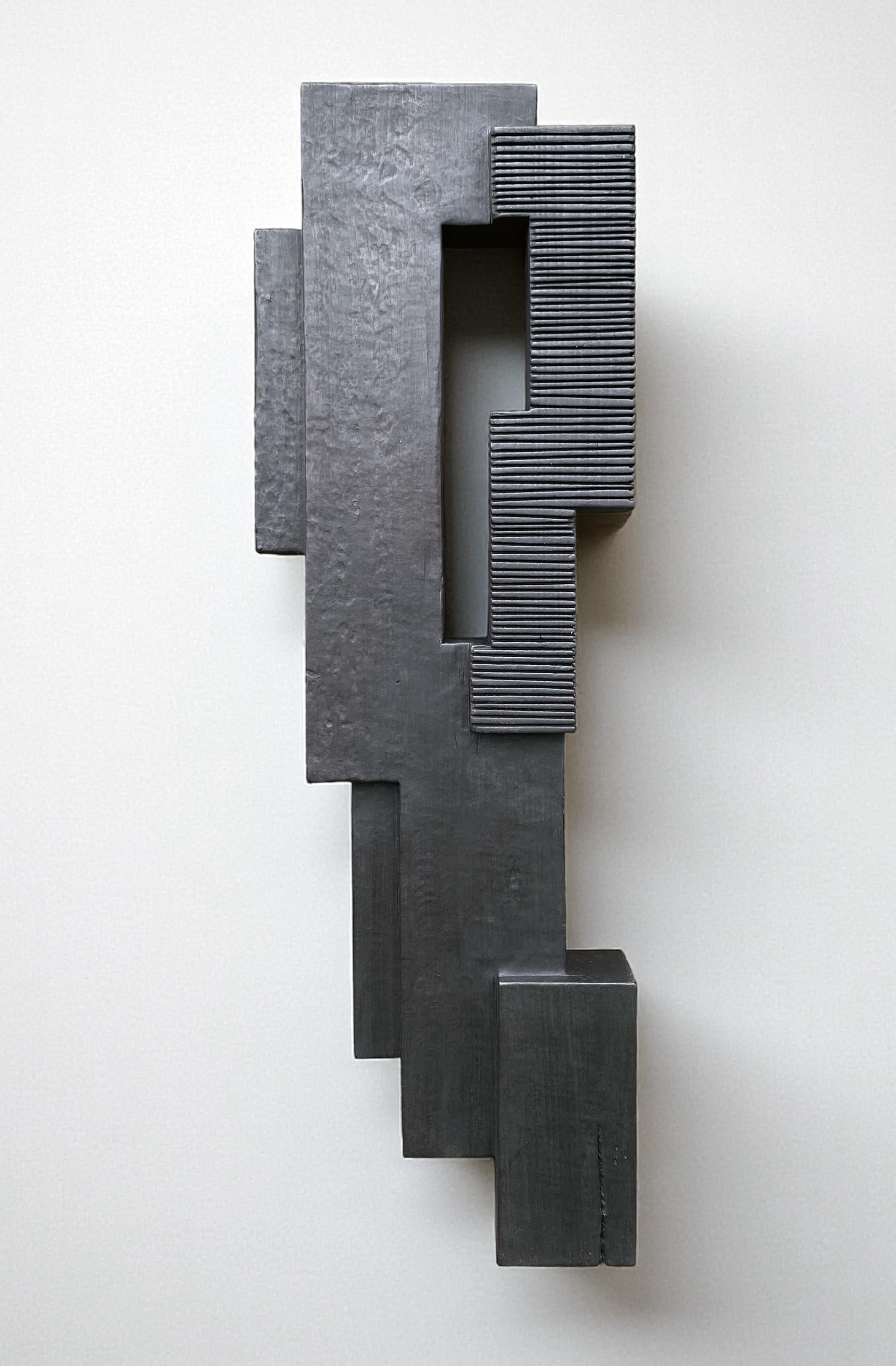 Alban Lanore Abstract Sculpture - Bas-relief I - Geometric Abstract Wall Sculpture, Charred Mapple Wood