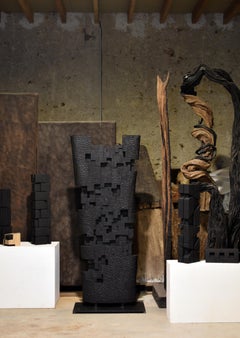 Stelae II - Large Geometric Abstract Sculpture, Charred Oak Wood, Column