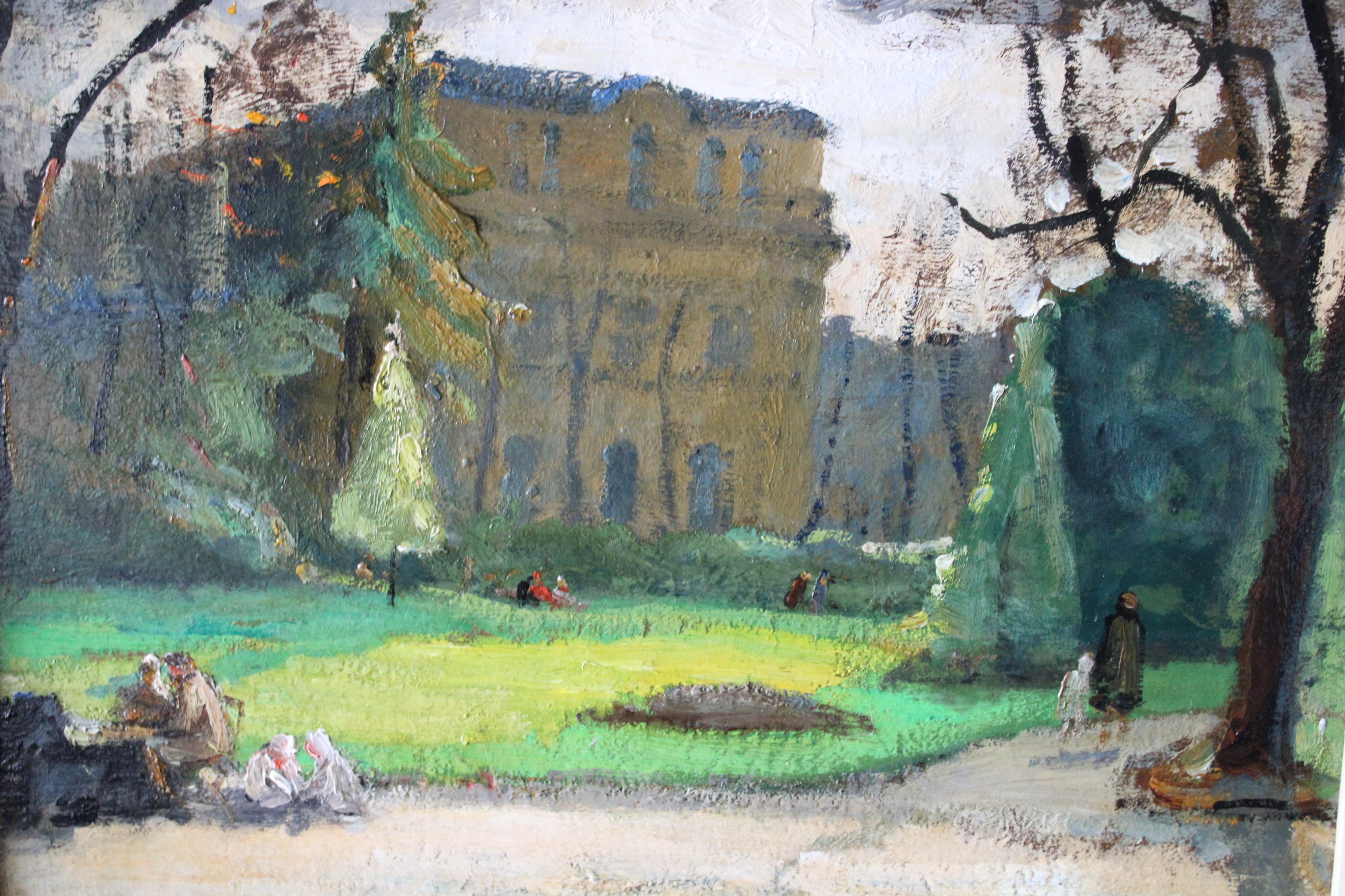 Unusual vintage landscape oil painting by French artist, Alban Taracole (1881-1968).  Animated scene of a chateau and parc with people enjoying the sunshine on an early Spring day.  People enjoy the fresh air in a light filled park, there are
