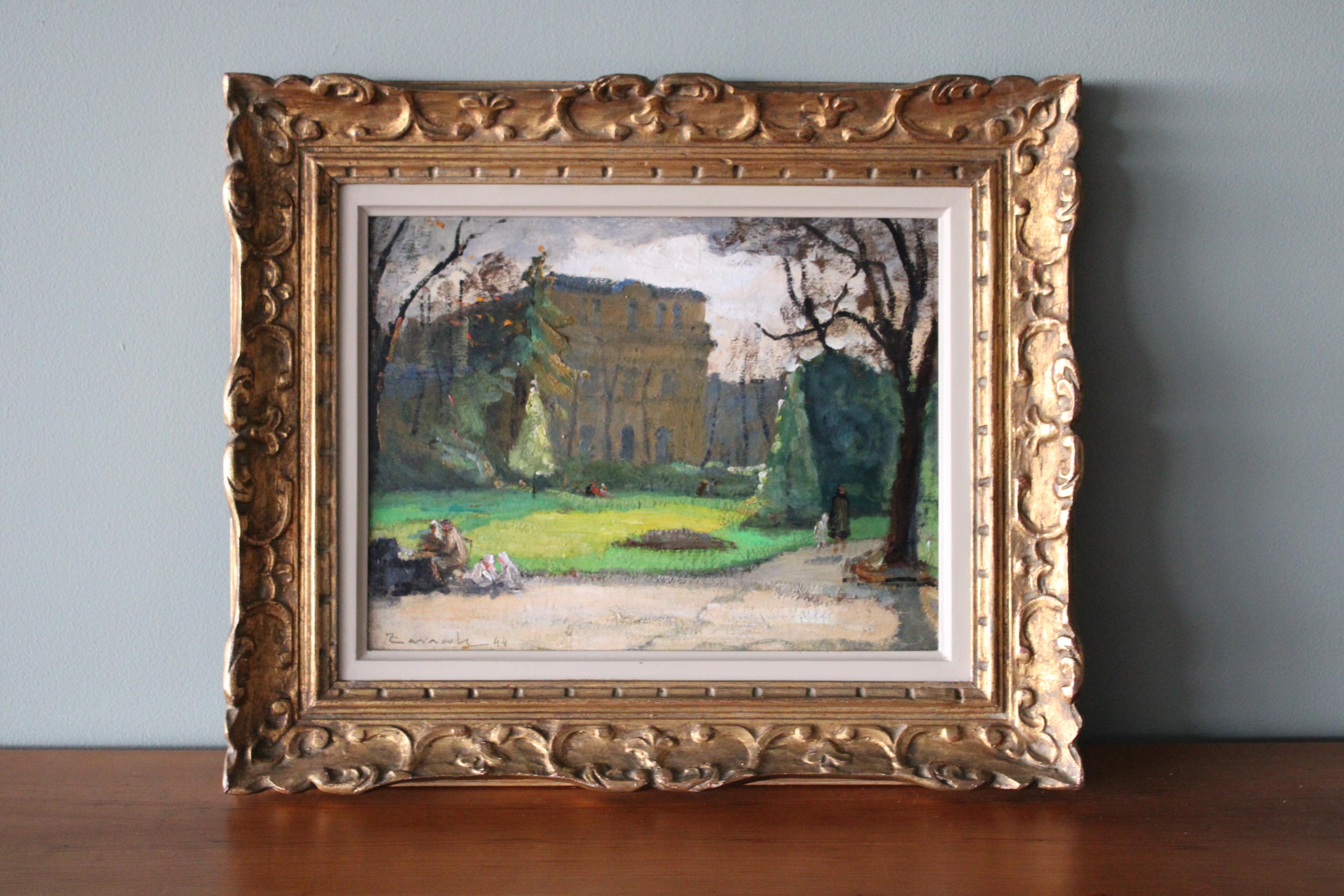 Vintage Landscape Oil Painting of a Chateau & Park, signed and dated 1944 For Sale 1