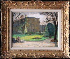 Peinture à l'huile vintage d'un château et d'un parc, signée et datée de 1944