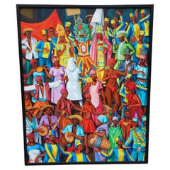 Albano Neves E. Sousa (Angola, 1921-1995), Aldeanos, Óleo sobre lienzo, Firmado