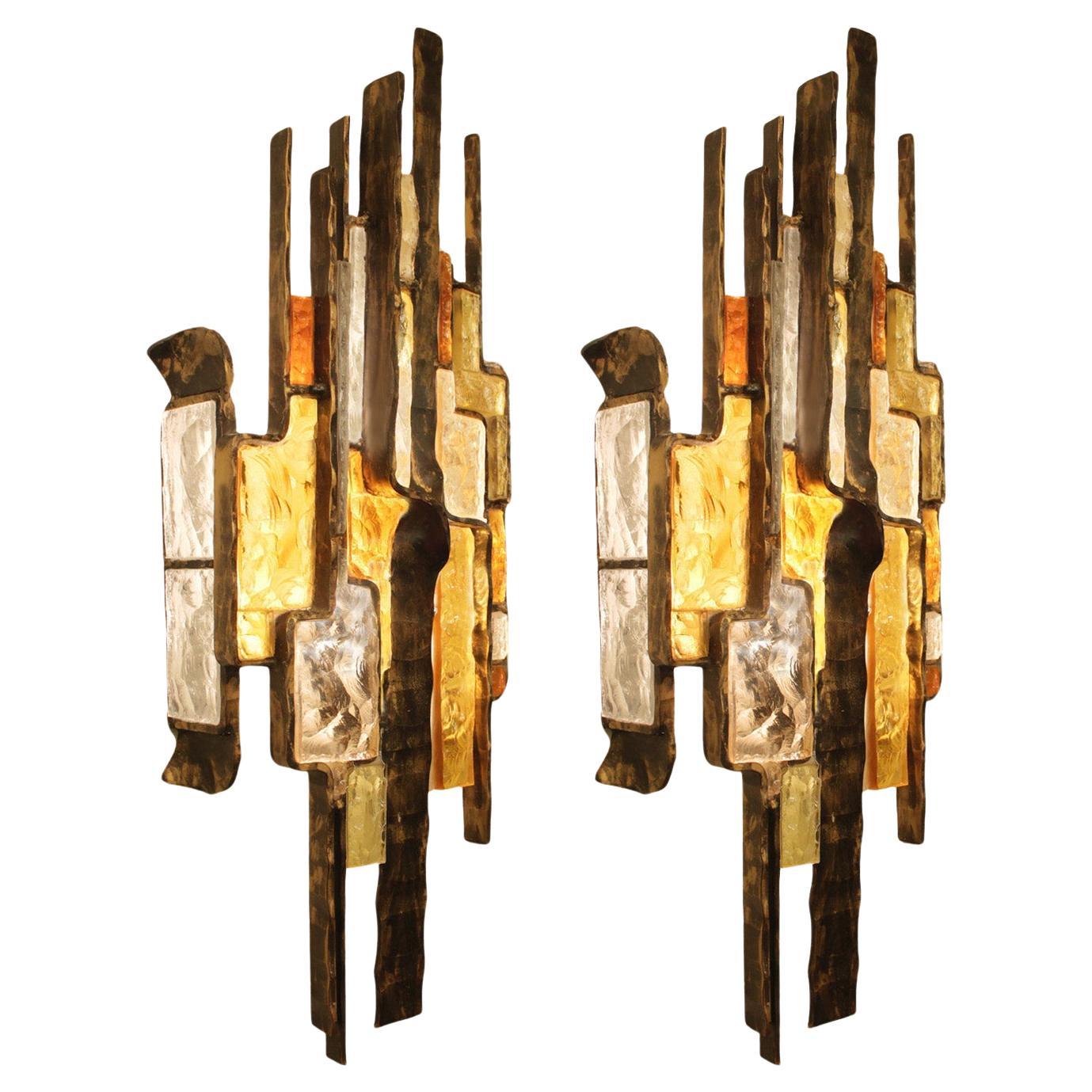 Albano Poli Pair of Murano Glass and Iron Brutalist Sconces 1960s  For Sale