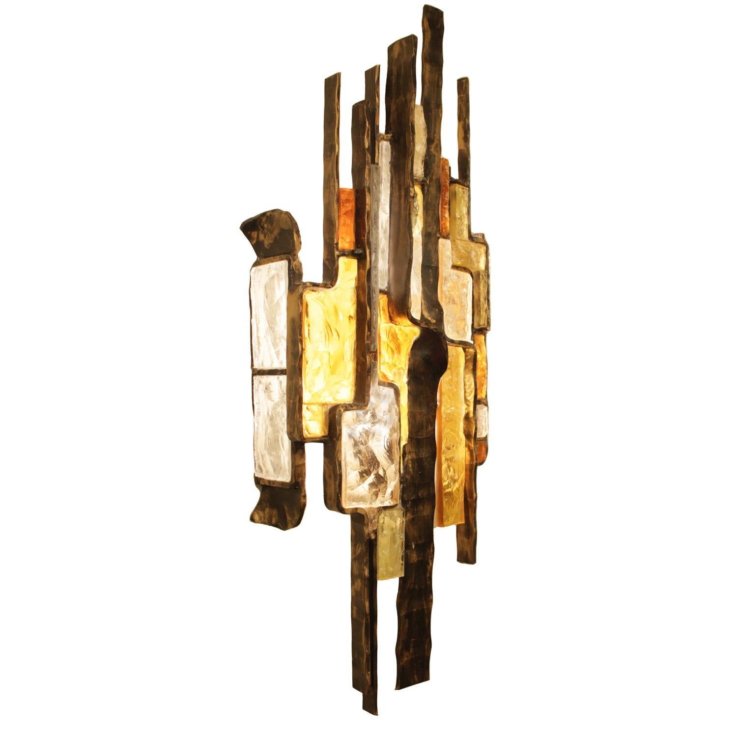 Italian Albano Poli Brutalist Murano Glass and Iron Sconce 1960s ( 6 Available) For Sale