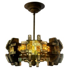 Albano Poli for Poliarte Hammered Murano Glass & Wrought Iron Chandelier 1970s