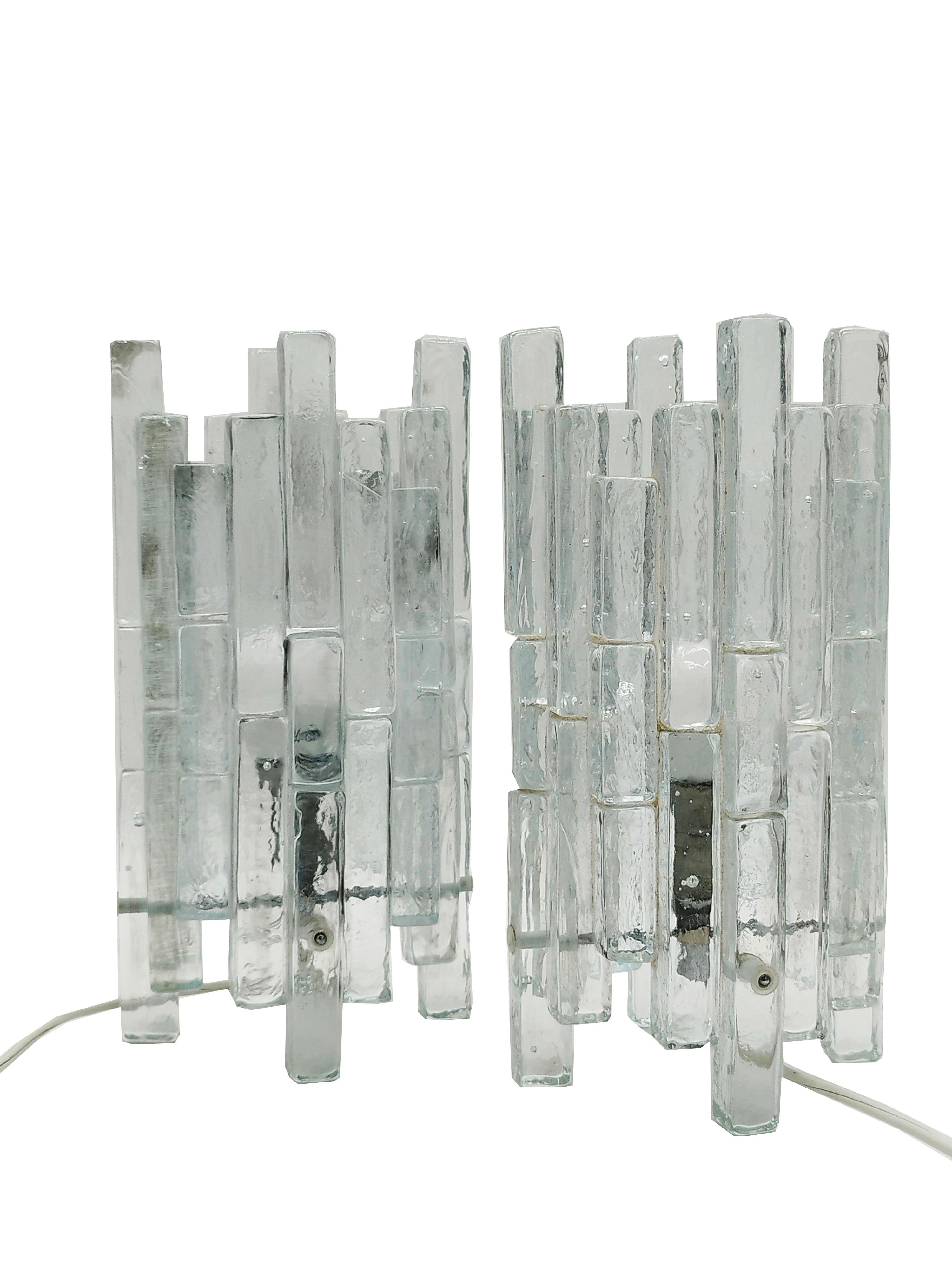 Mid-Century Modern Albano Poli for Poliarte Pair of Hammered Glass Ice Table Lamps, Italy 1970s
