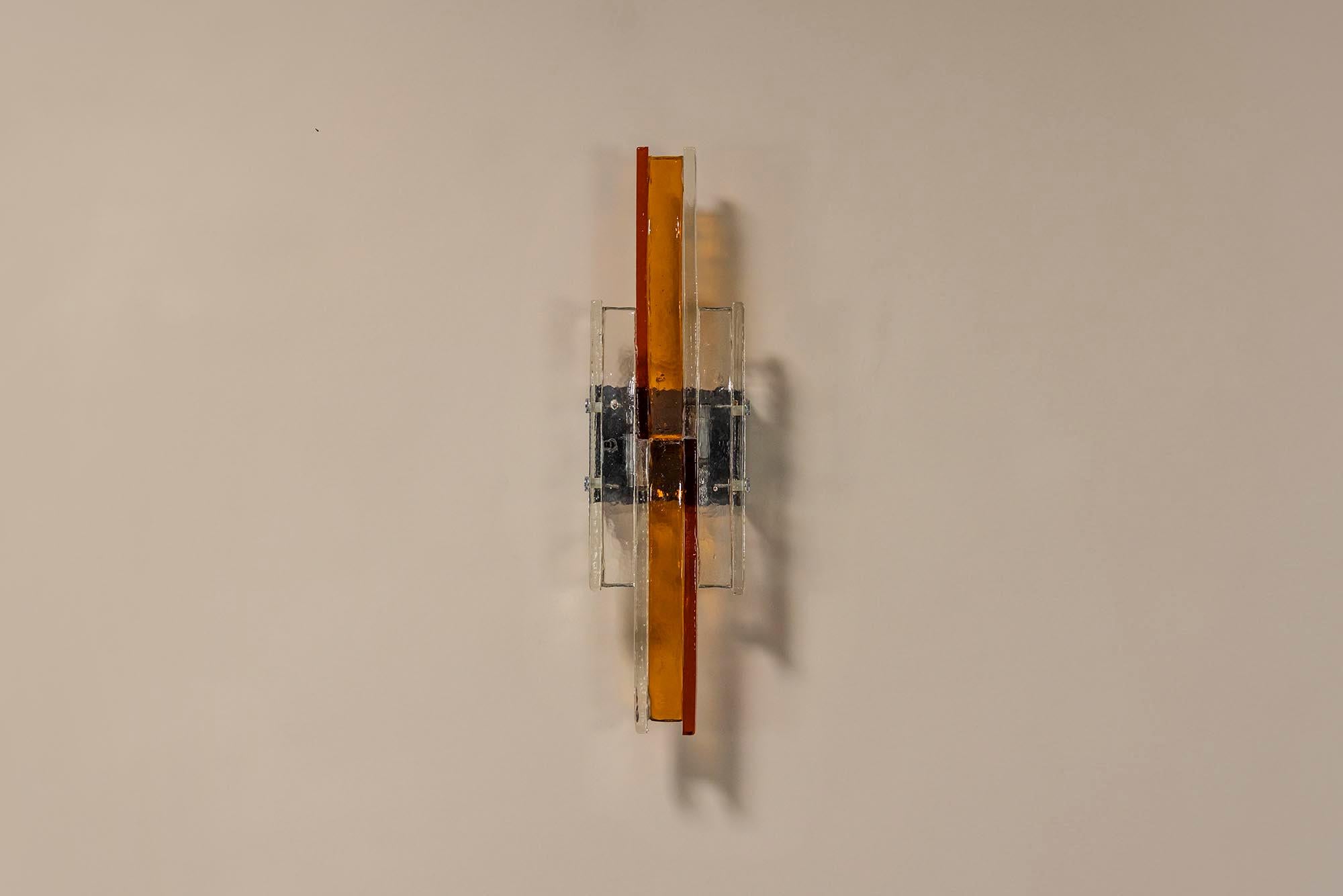 Mid-Century Modern Albano Poli Large Wall Applique in Amber and Transparent Murano glass, Italy 197 For Sale
