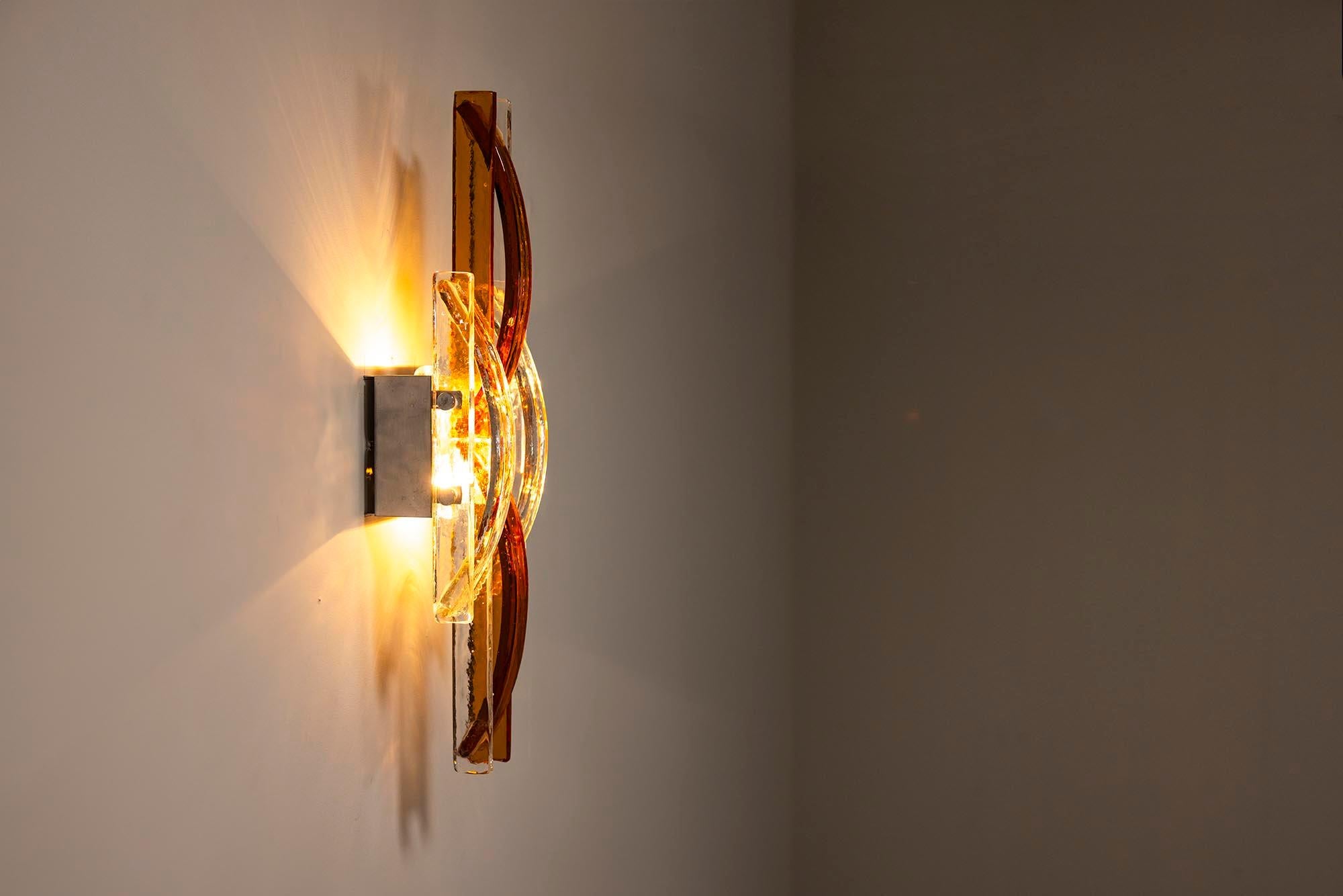 Italian Albano Poli Large Wall Applique in Amber and Transparent Murano glass, Italy 197 For Sale