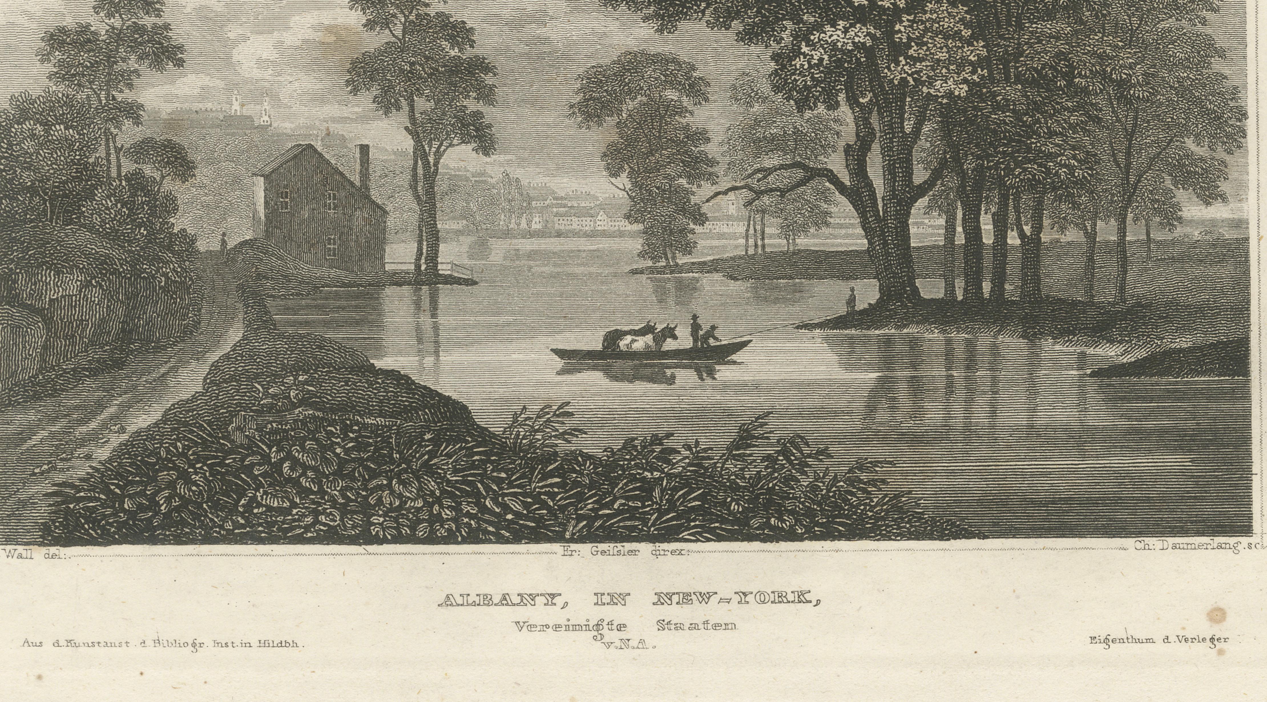 Albany New York Hudson River View – Antique Steel Engraving 19th Century