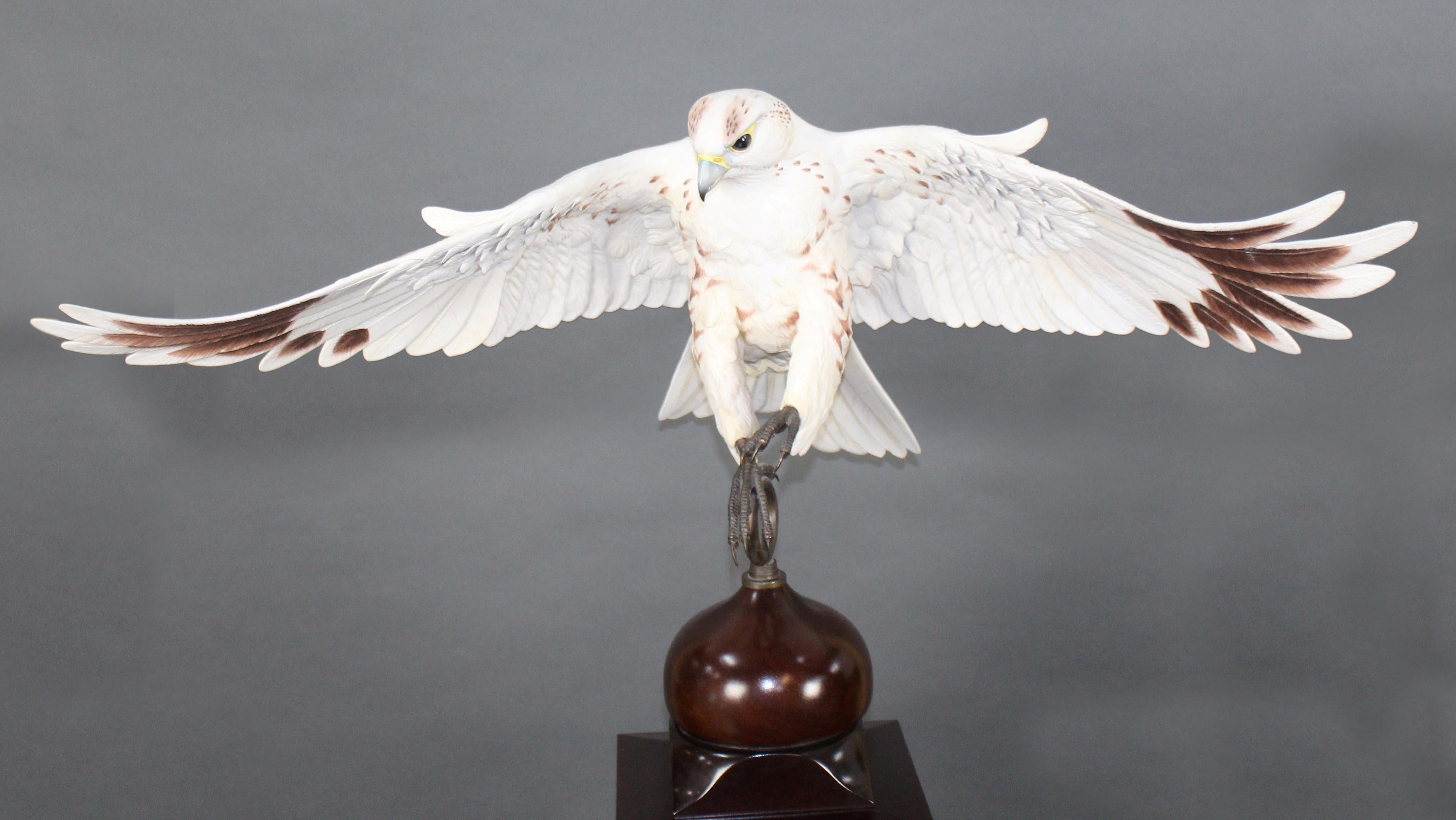 Albany Prestige Series Porcelain Gyrfalcon on Mahogany Pedestal In Excellent Condition For Sale In Worcester, Worcestershire