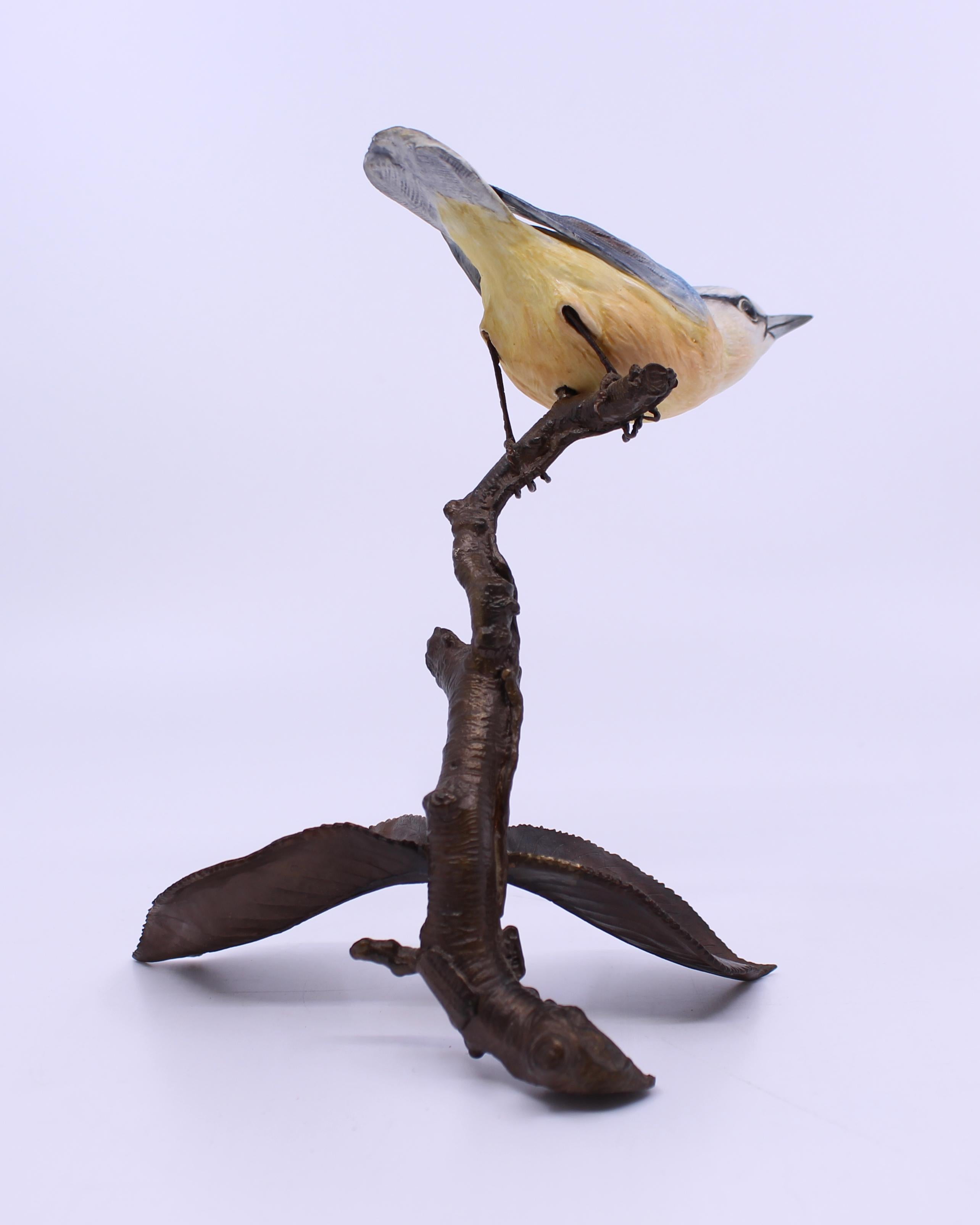 Hand-Crafted Albany Worcester County Birds Porcelain & Bronze Nuthatch For Sale