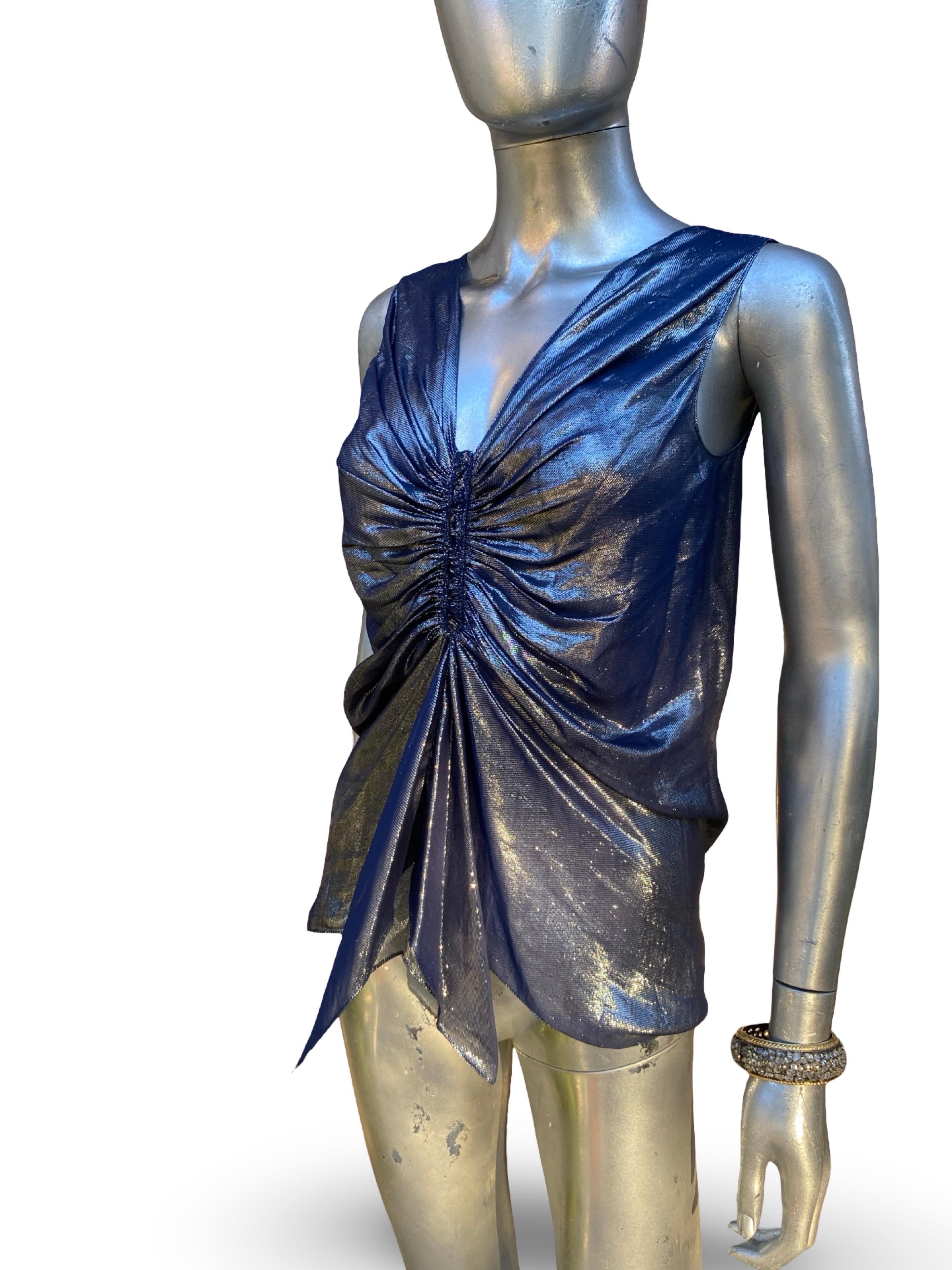 Alber Elbaz für Lanvin Paris 2007 Metallisch Blaue Drapierte Bluse Größe FR36 US4 im Angebot 5