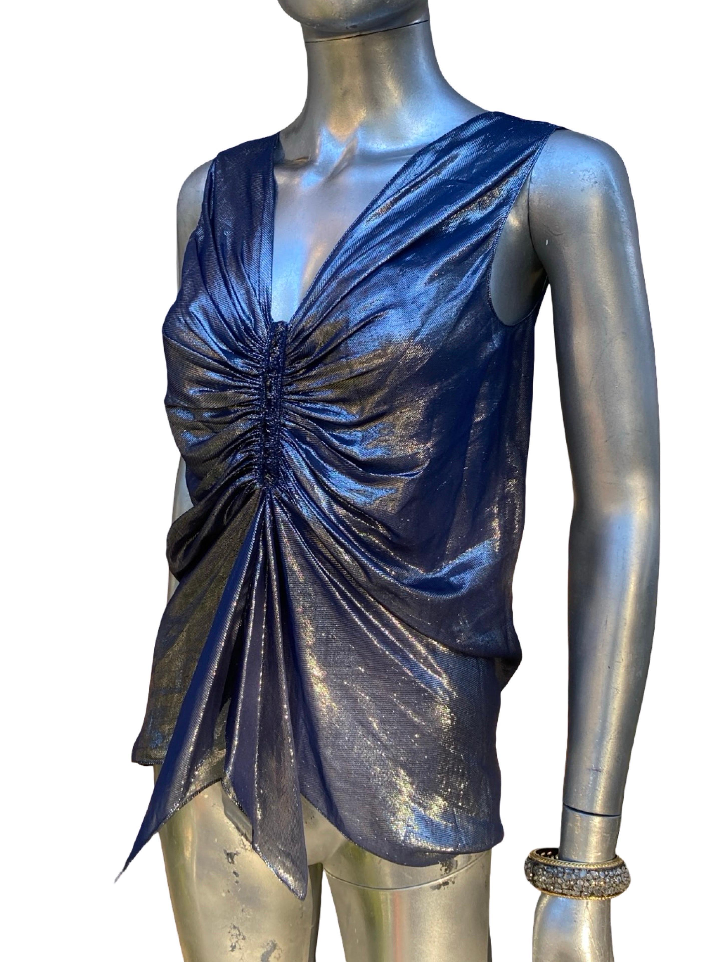 Alber Elbaz für Lanvin Paris 2007 Metallisch Blaue Drapierte Bluse Größe FR36 US4 im Angebot 6