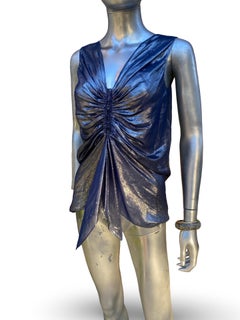 Alber Elbaz für Lanvin Paris 2007 Metallisch Blaue Drapierte Bluse Größe FR36 US4