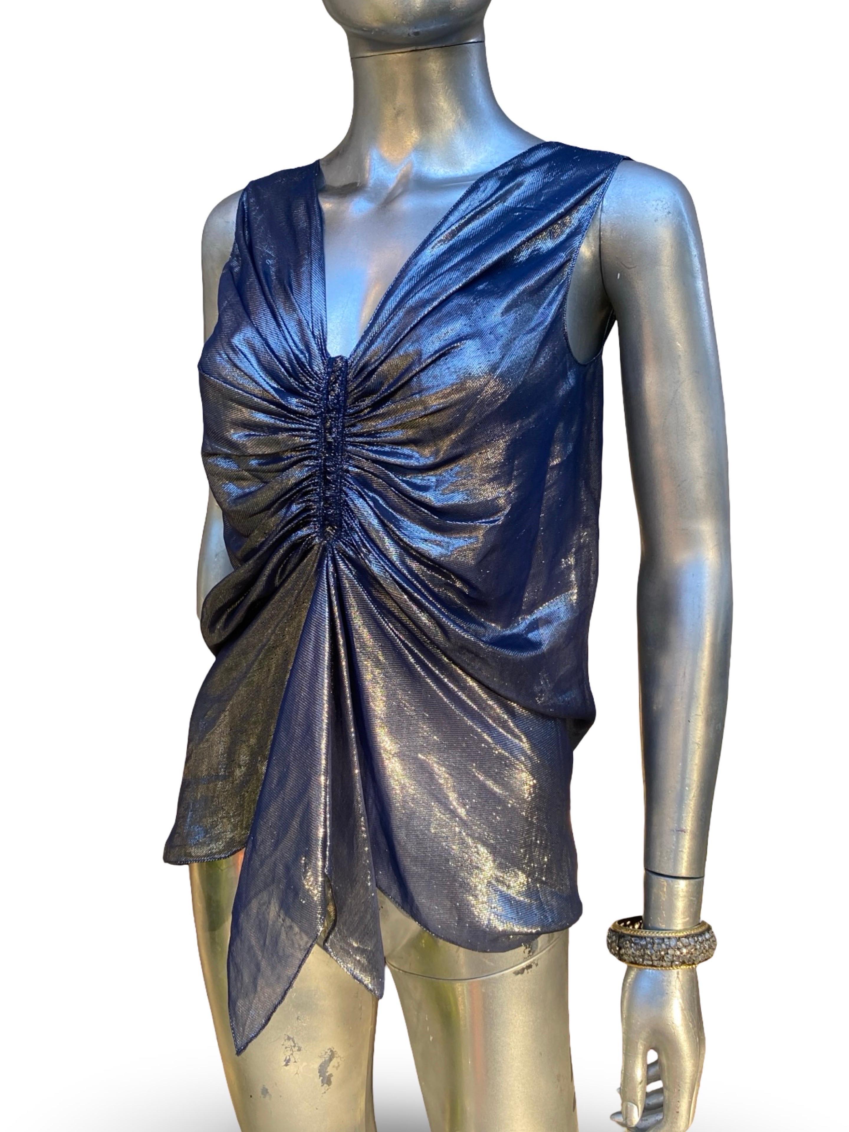 Alber Elbaz für Lanvin Paris 2007 Metallisch Blaue Drapierte Bluse Größe FR36 US4 (Grau) im Angebot