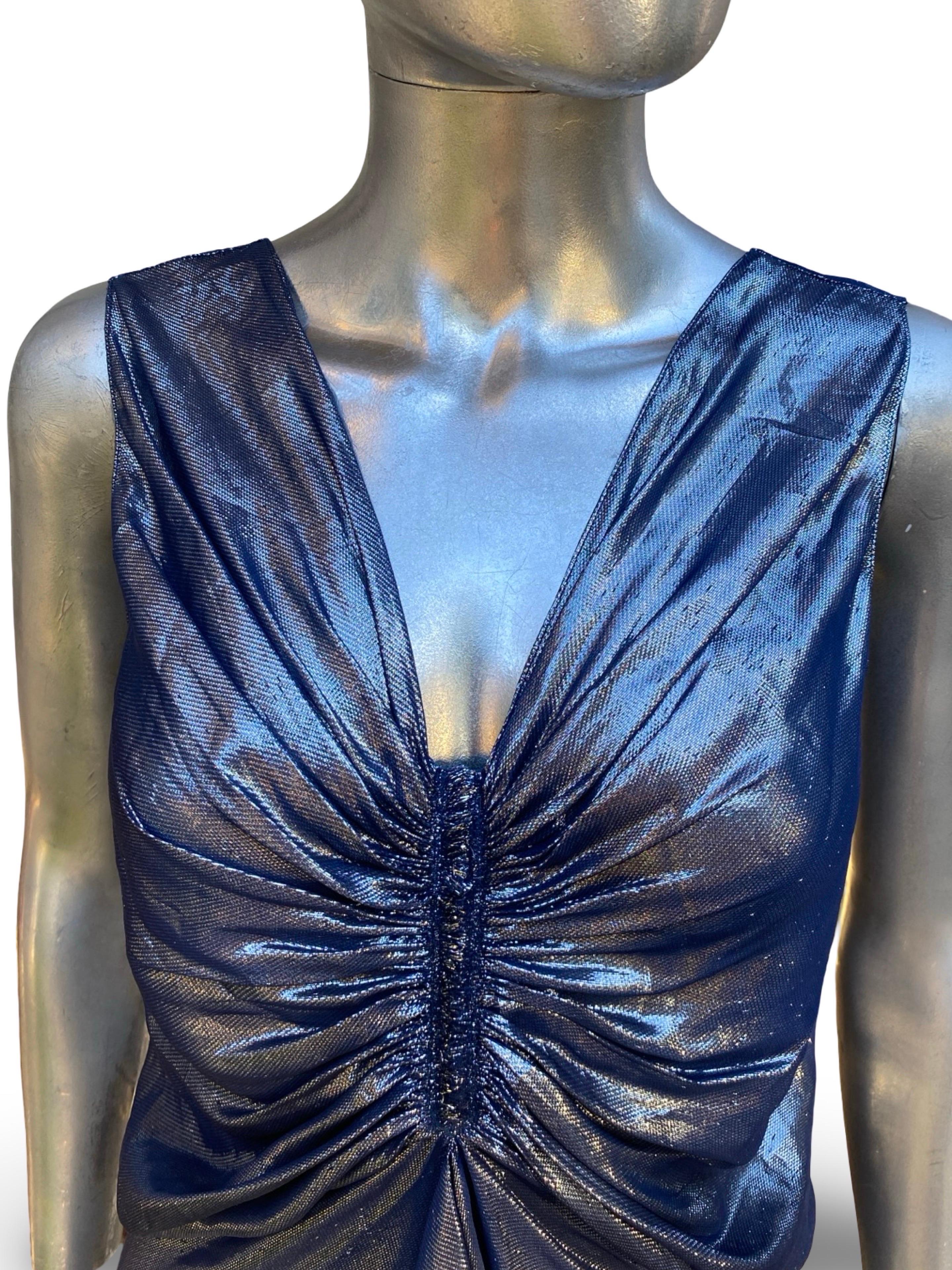 Alber Elbaz für Lanvin Paris 2007 Metallisch Blaue Drapierte Bluse Größe FR36 US4 im Zustand „Gut“ im Angebot in Palm Desert, CA