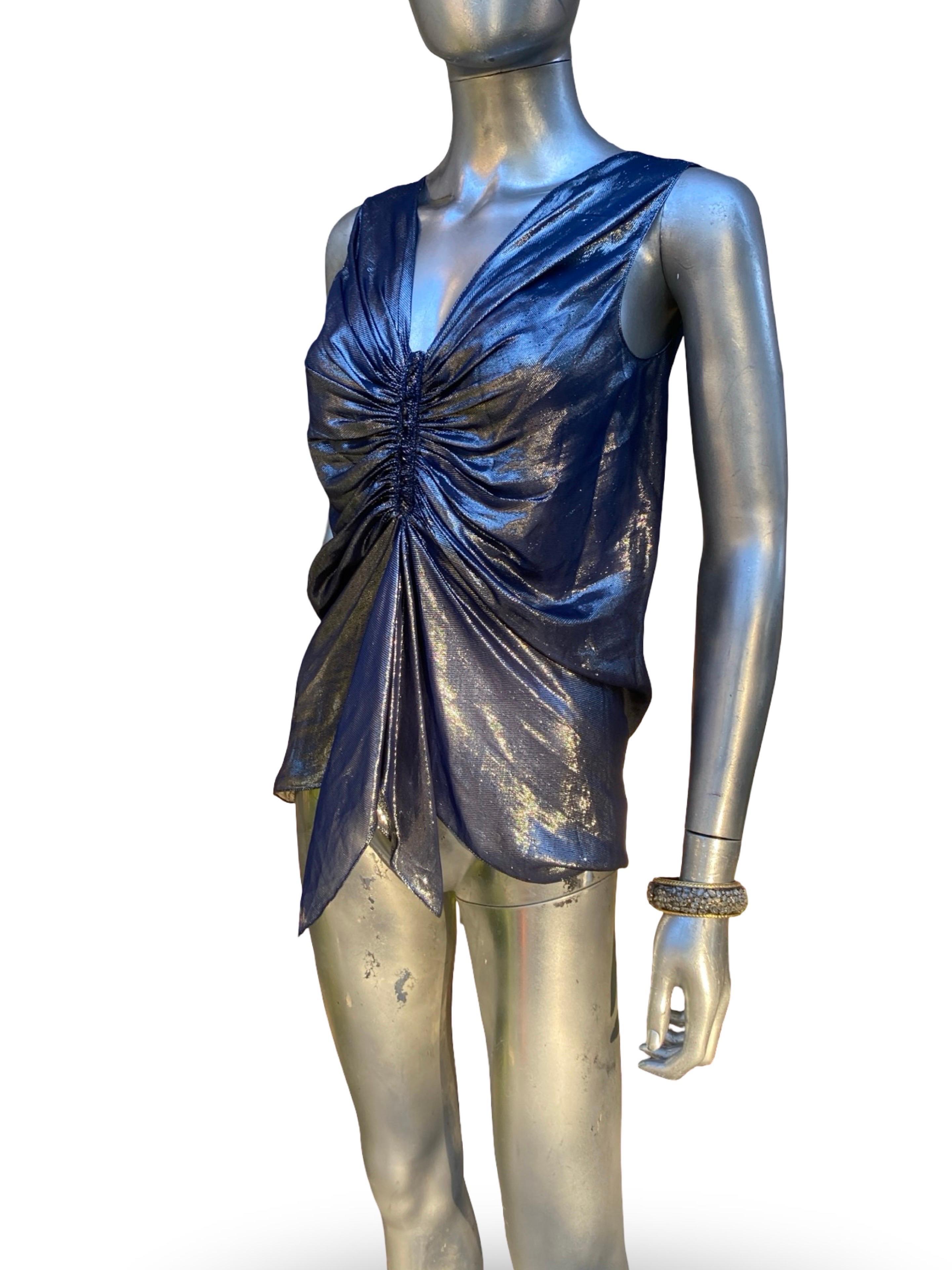 Alber Elbaz für Lanvin Paris 2007 Metallisch Blaue Drapierte Bluse Größe FR36 US4 Damen im Angebot