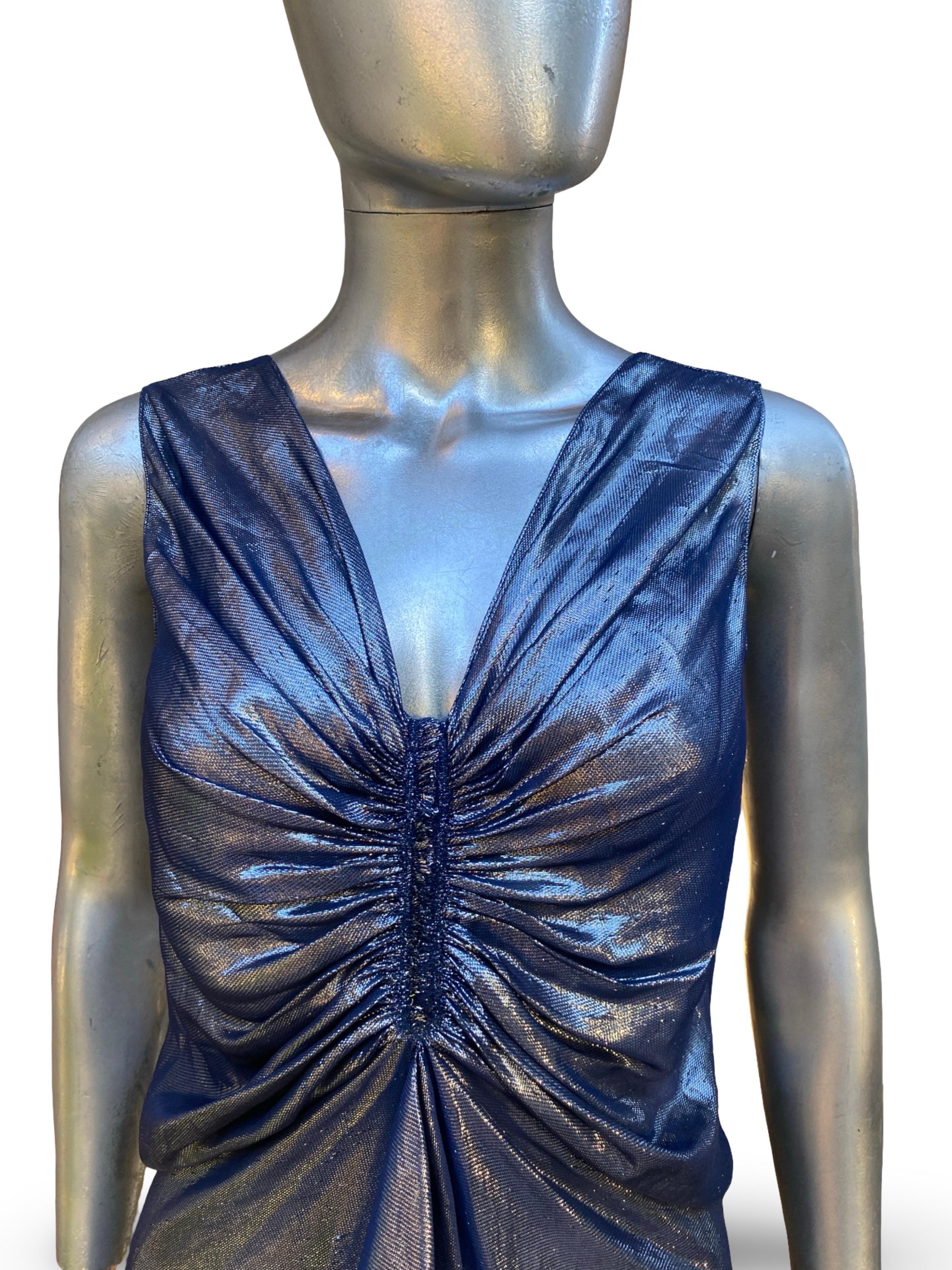 Alber Elbaz für Lanvin Paris 2007 Metallisch Blaue Drapierte Bluse Größe FR36 US4 im Angebot 3