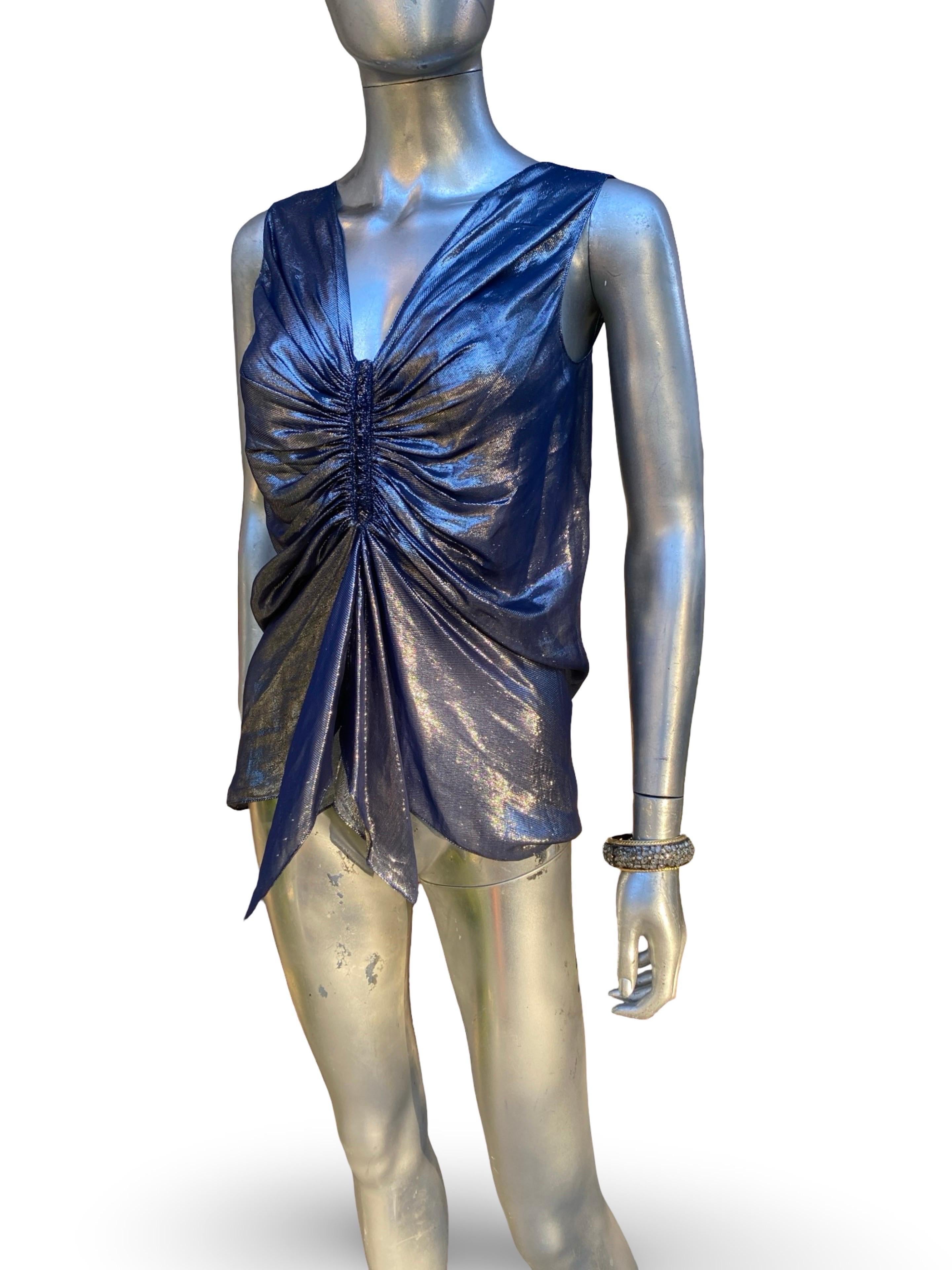 Alber Elbaz für Lanvin Paris 2007 Metallisch Blaue Drapierte Bluse Größe FR36 US4 im Angebot 4