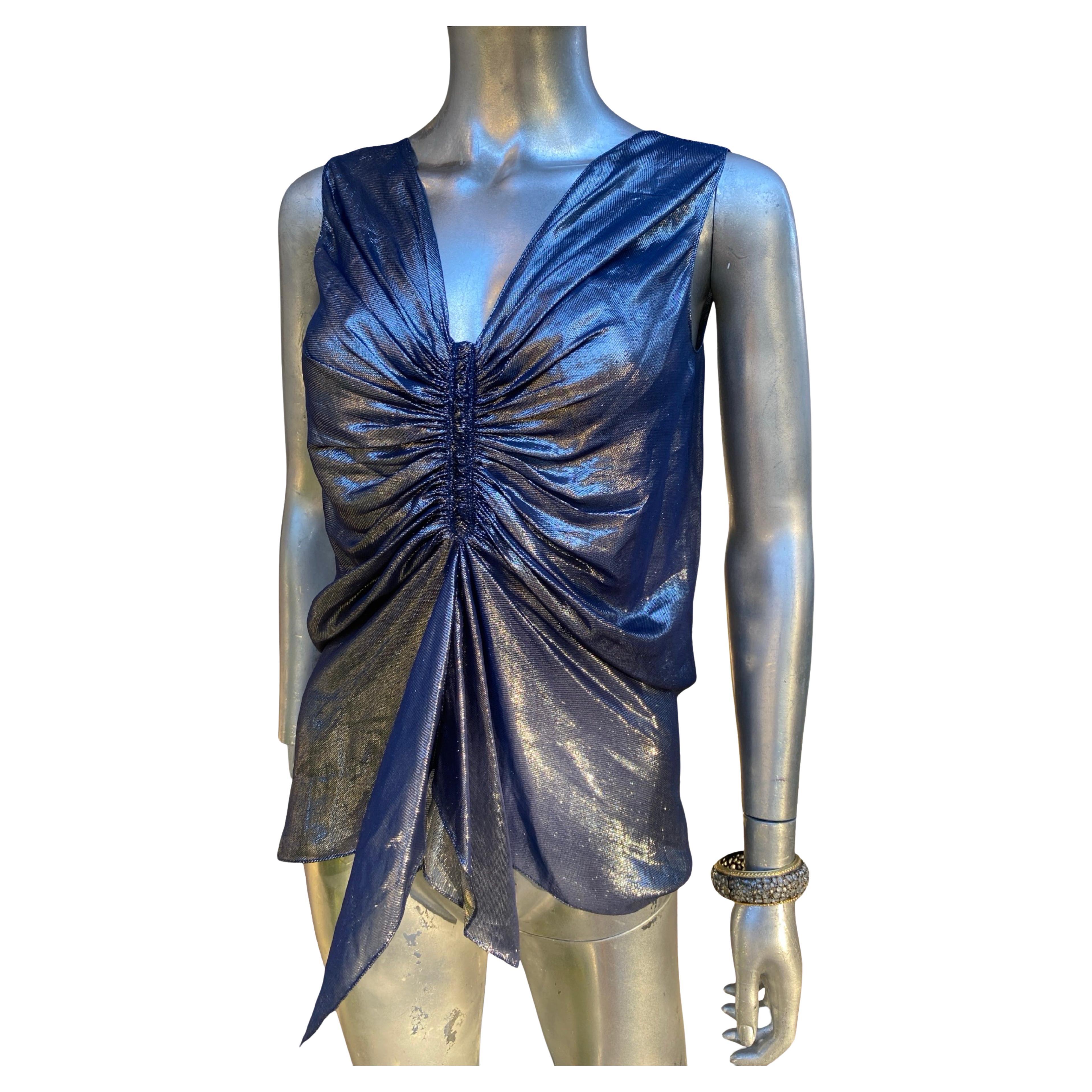 Alber Elbaz für Lanvin Paris 2007 Metallisch Blaue Drapierte Bluse Größe FR36 US4 im Angebot