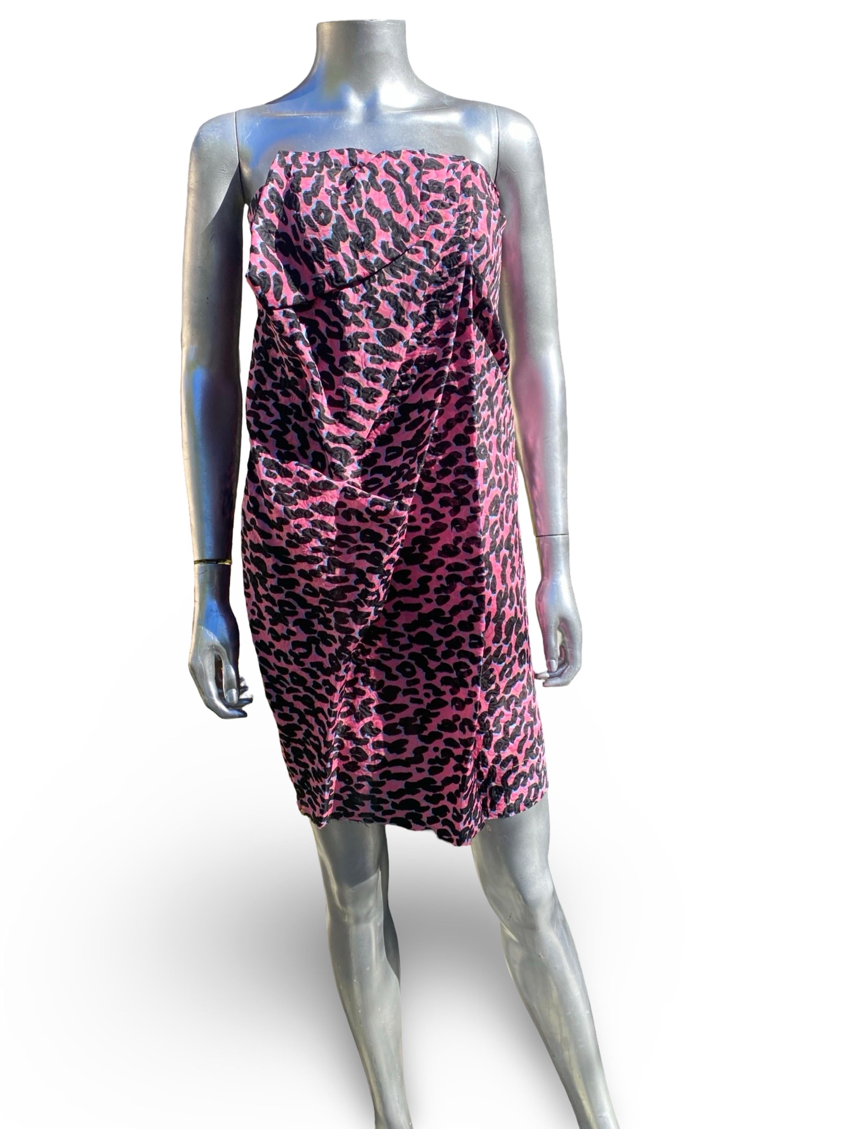 Alber Elbaz for Lanvin Rare Runway Pink Leopard Strapless Dress Size EU38 US4/6 en vente 2