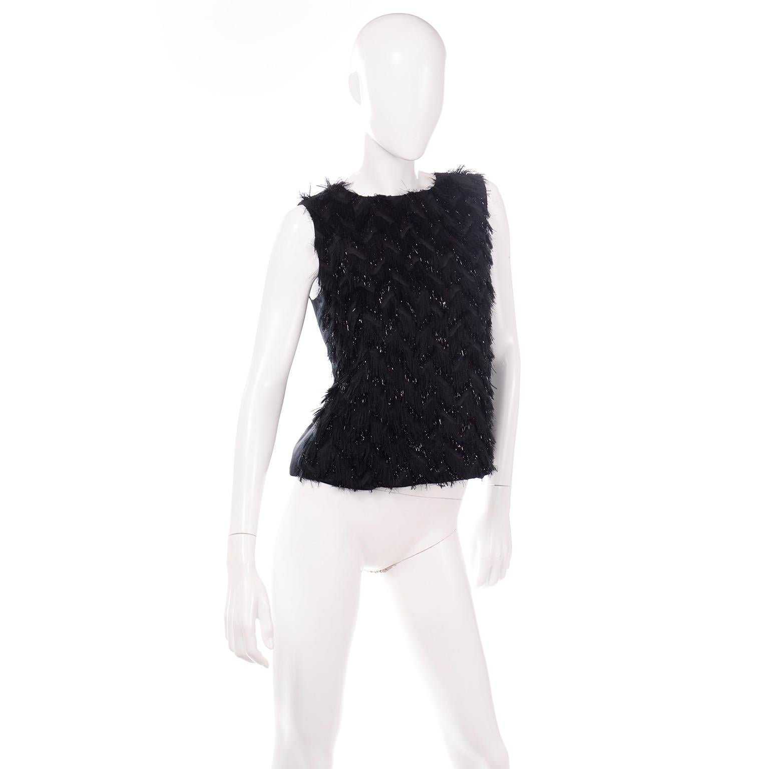 Women's or Men's Alber Elbaz Lanvin Fall Winter 2014 Sleeveless Black Eyelash Fringe Evening Top