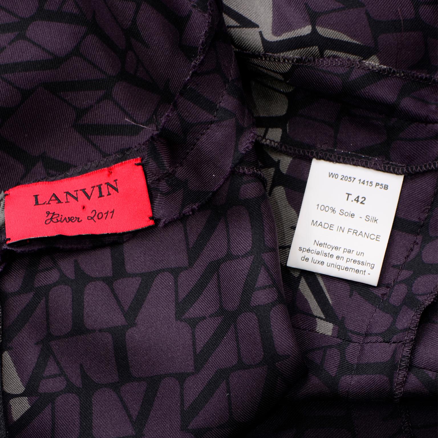Alber Elbaz Lanvin Purple & Black 2011 Novelty Print Cat Logo Dress W Raw Edges 6
