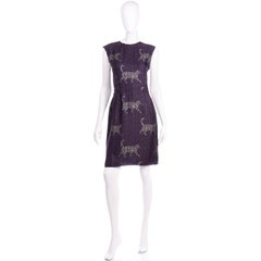 Alber Elbaz Lanvin Purple & Black 2011 Novelty Print Cat Logo Dress W Raw Edges